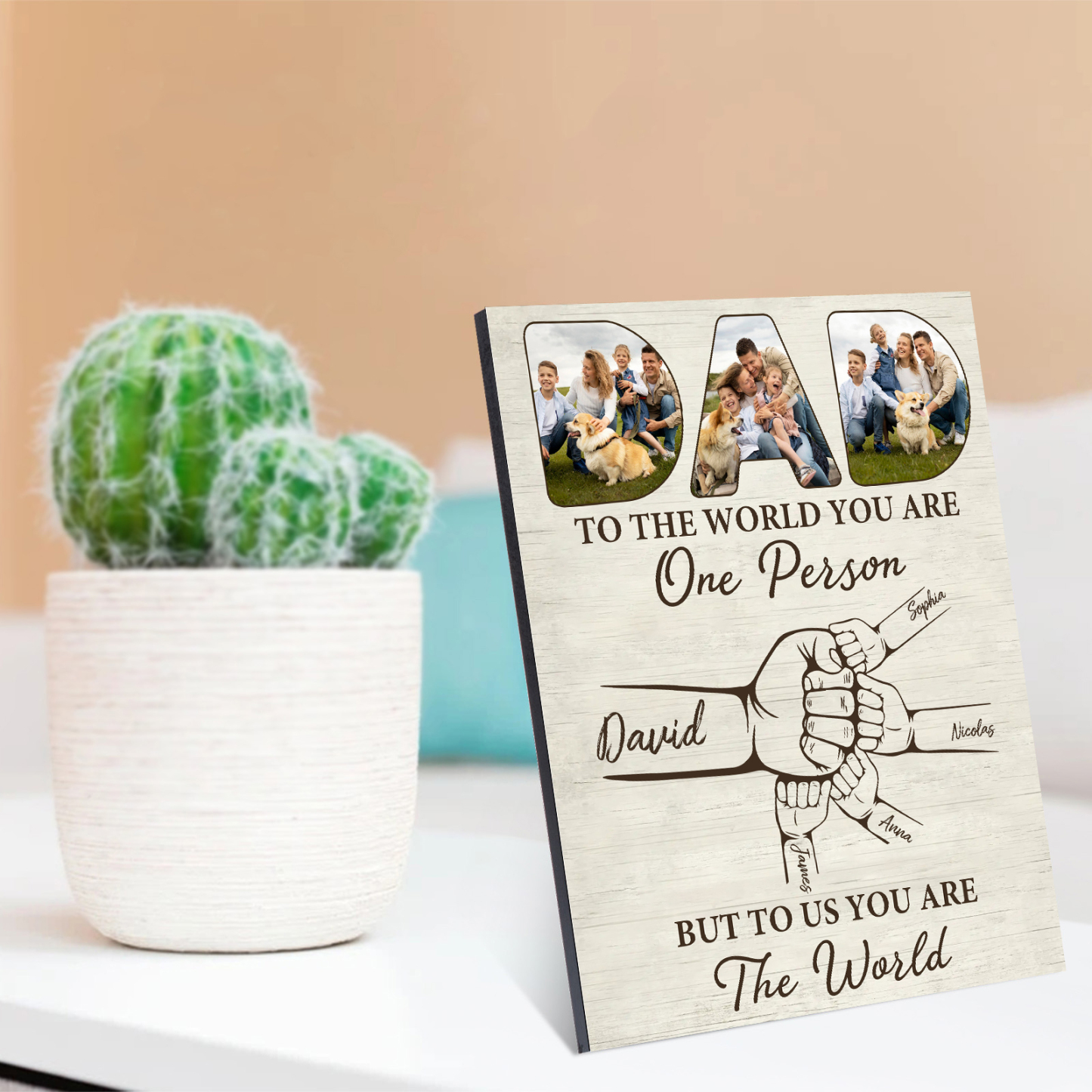 5 Names - Personalised Photos Fist Bump Home Wood Panel Painting Decorations Father's Day Gift for Dad