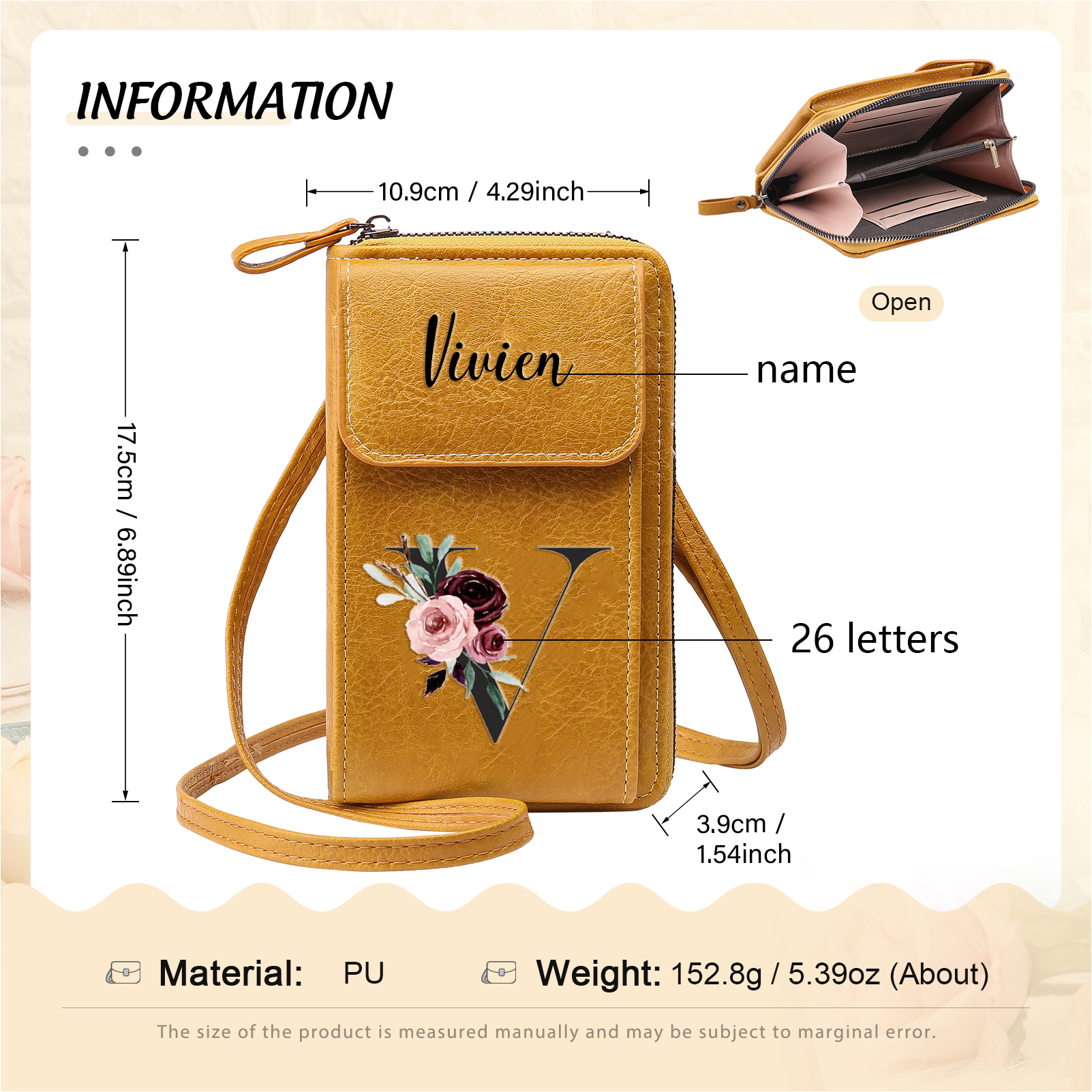 Custom Purse-Personalised Women's Leather Wallet Custom Letter & Name Mobile Phone Wallet Zipper Crossbody Bag
