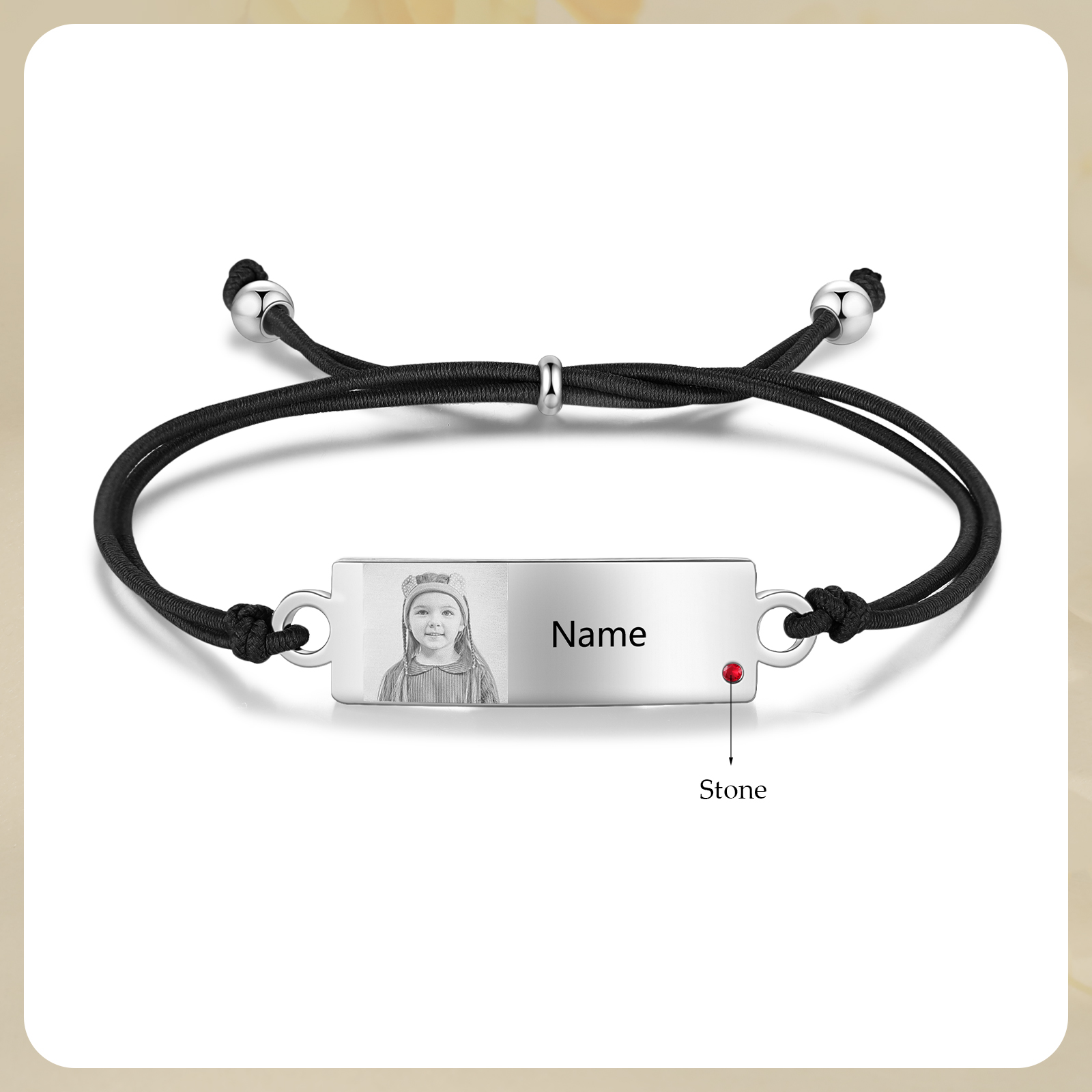 Personalized Custom Photo & Name & Birthstone Elastic Rope Stainless Steel Bracelet Adjustable Back To School Gift For Children