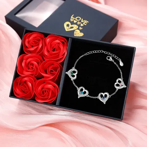 Personalised 1-7 Names Heart Bracelet Gift Set With Gift Box Birthstones Bangle For Her | Jessemade