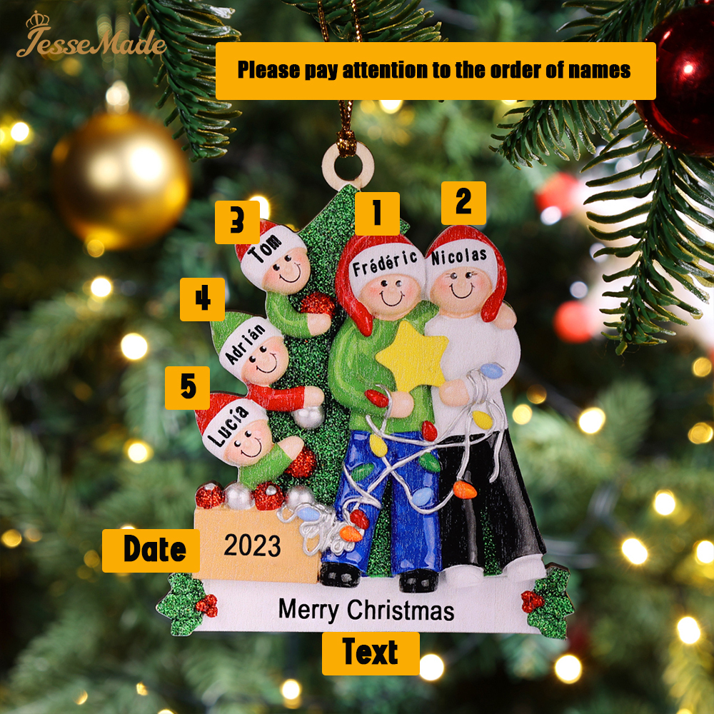 5 Names-Family Christmas Wooden Ornament Custom 5 Names Hanging Ornament Gifts For Family