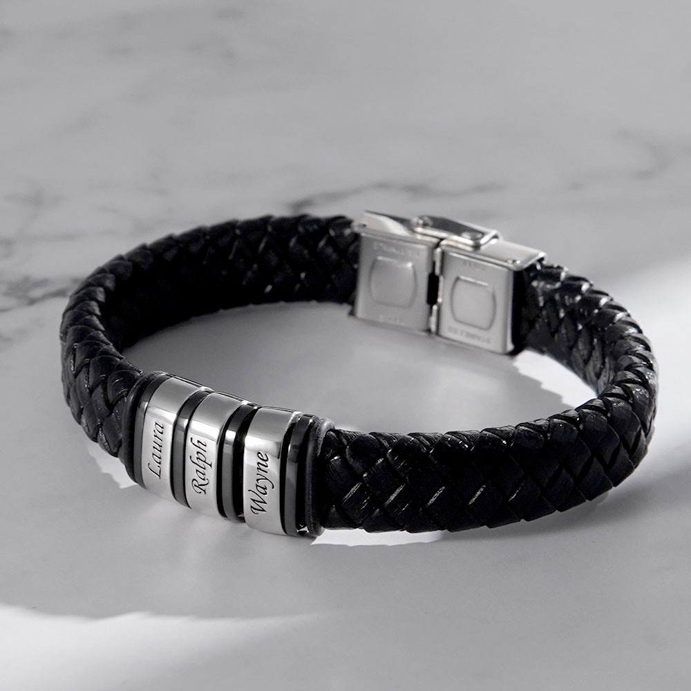 Men Leather Braided Bracelet Personalised with 4 Names 4 Beads Gift For Father's Day