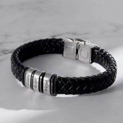 Men Leather Braided Bracelet Personalised with 4 Names 4 Beads Gift For Father's Day