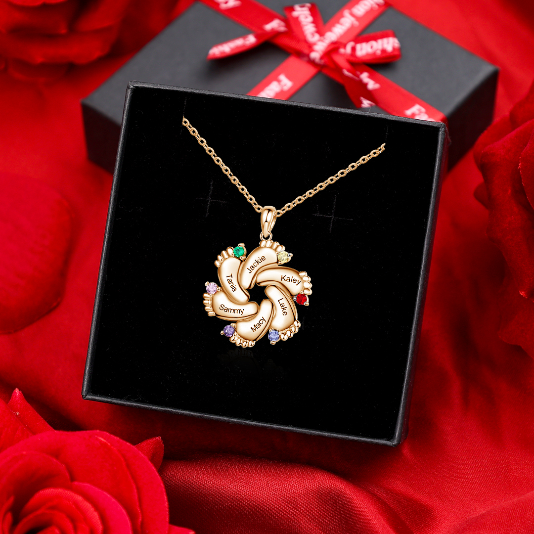 6 Names-Personalised Baby Foot Necklace Gift Set With Box-Custom Women Necklace With 6 Birthstones Engraved Names Gift For Mother/Her