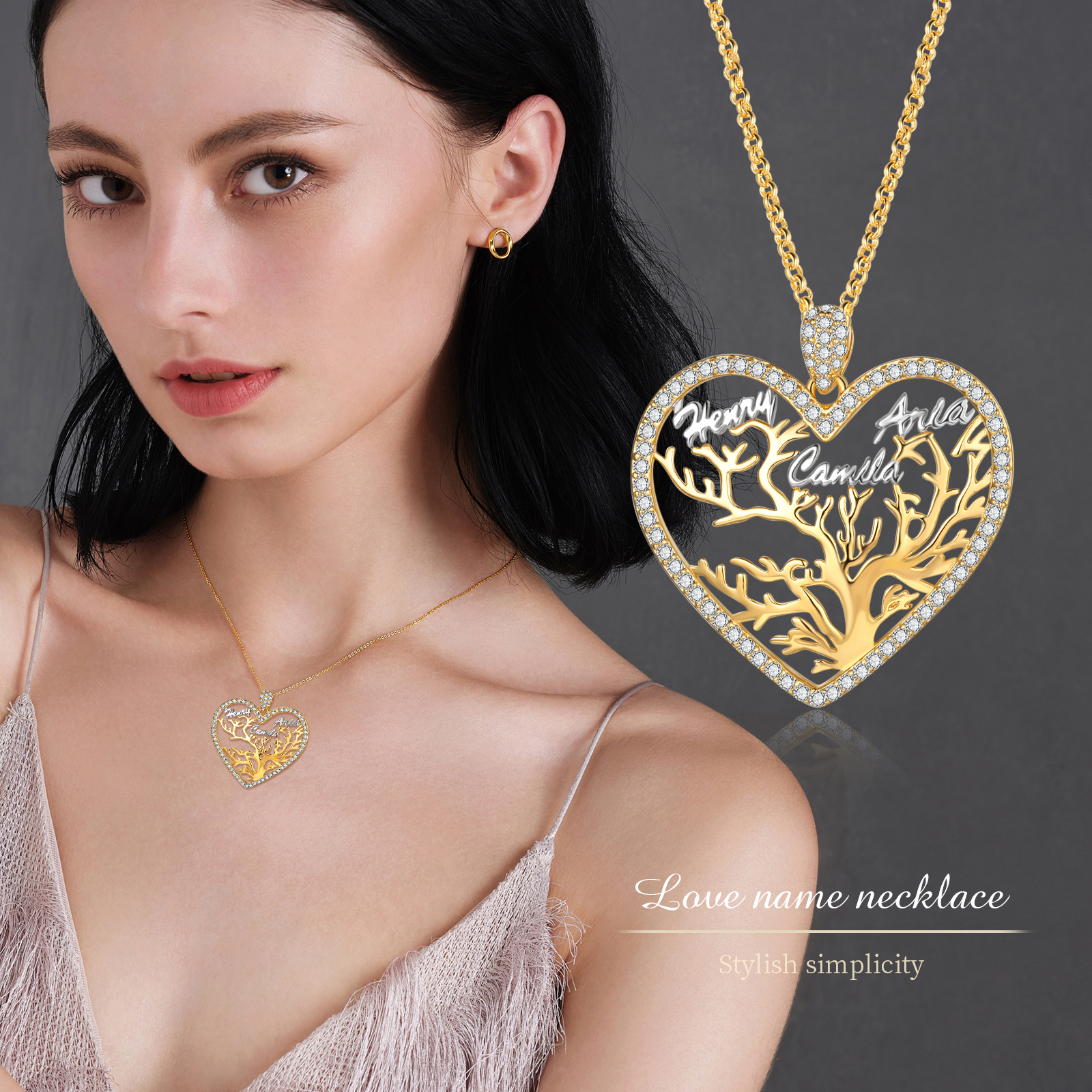 Personalised Family Tree Necklace, Custom 3 Names Heart Necklace Woman Gift