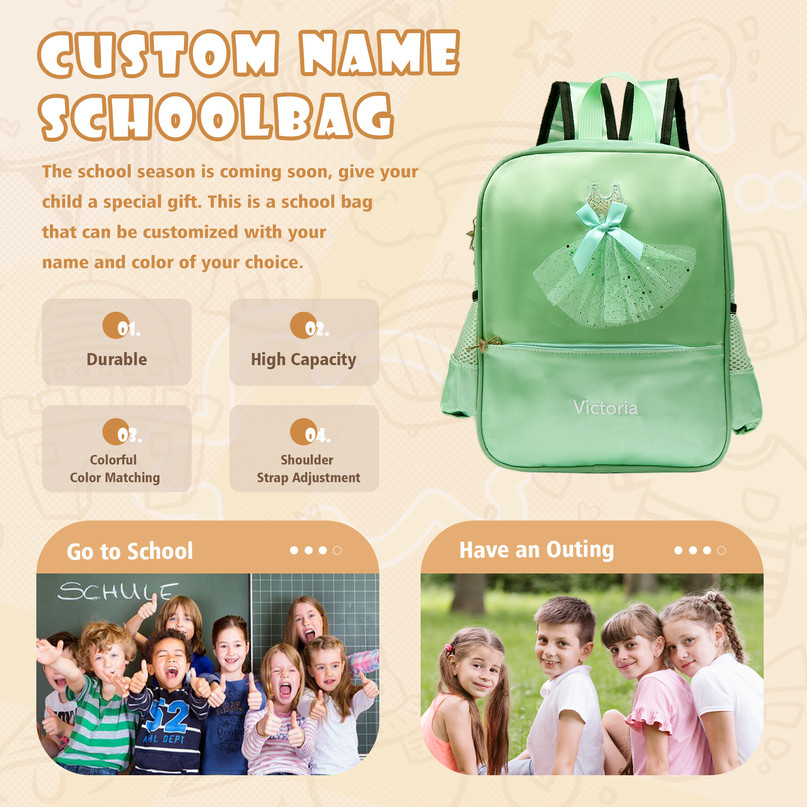 Personalised Name Band Princess Dress Accessories Satin Children Backpack Back To School Gift