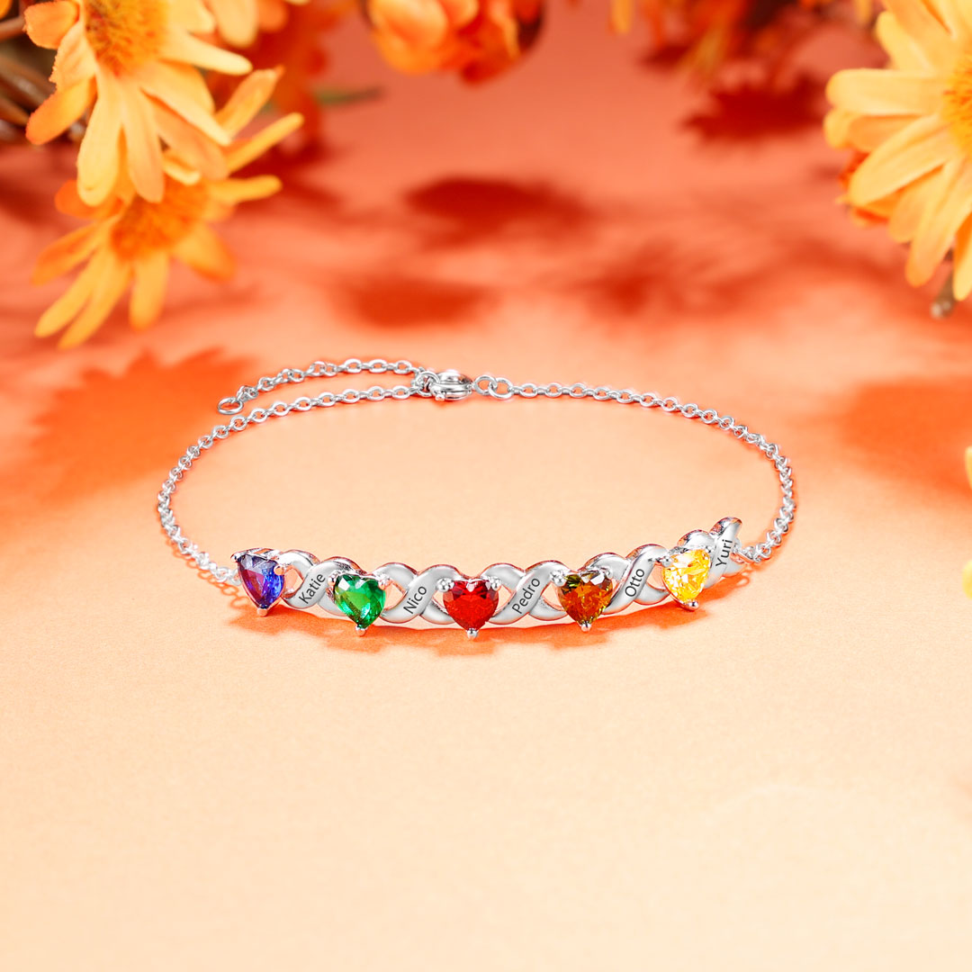 September Birthday Personalised Bracelet With 4 Heart Birthstones Engraved Names Bracelet Gift For Women