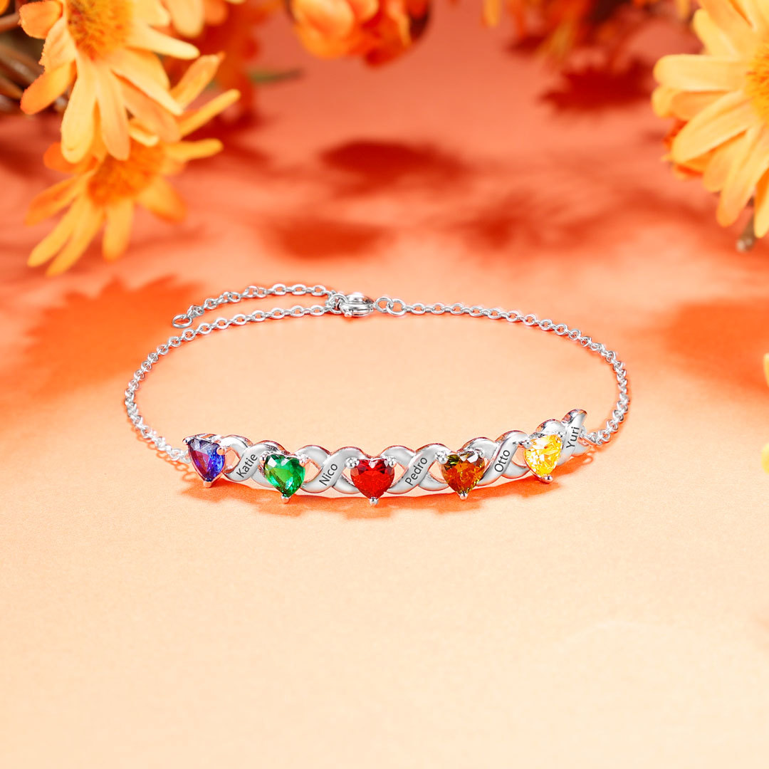 September Birthday Personalised Bracelet With 4 Heart Birthstones Engraved Names Bracelet Gift For Women