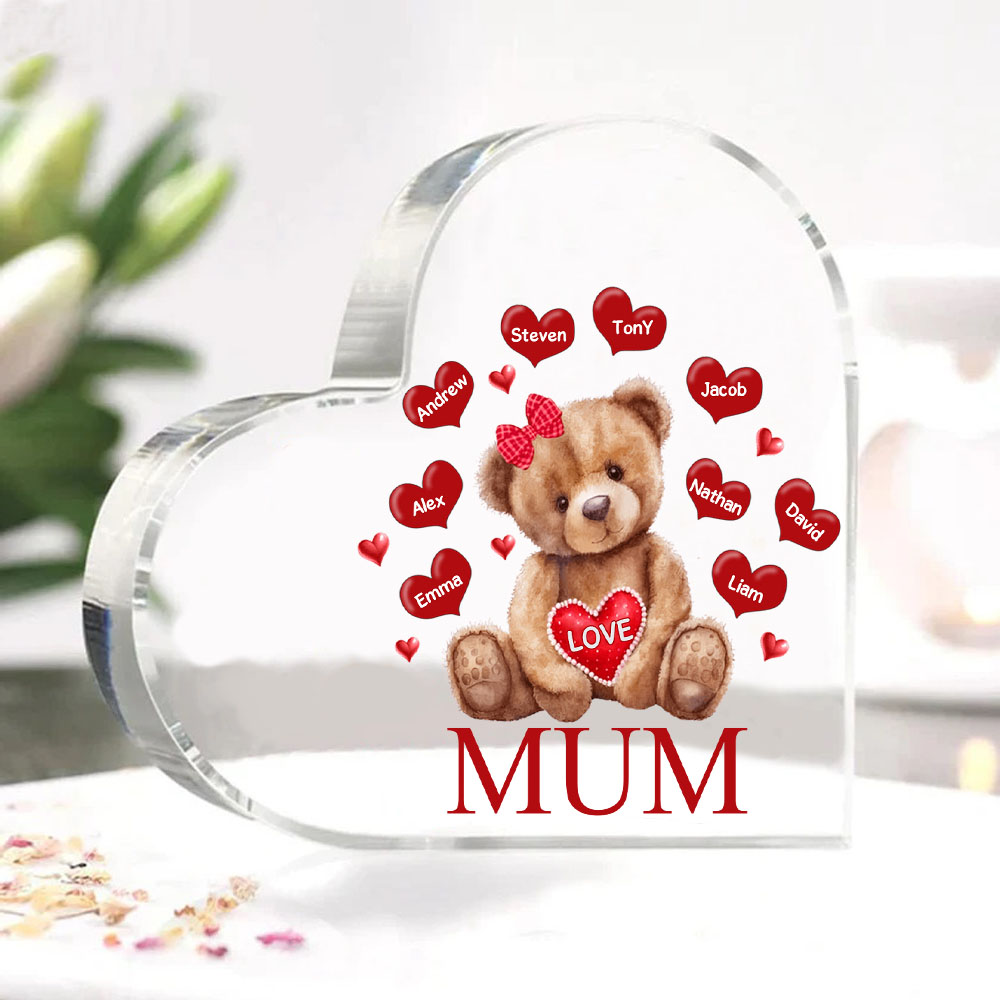 9 Names-Personalised Mum Acrylic Heart Keepsake Custom Text Love Teddy Bear Ornaments Gifts Set With Gift Box for Grandma/Mother