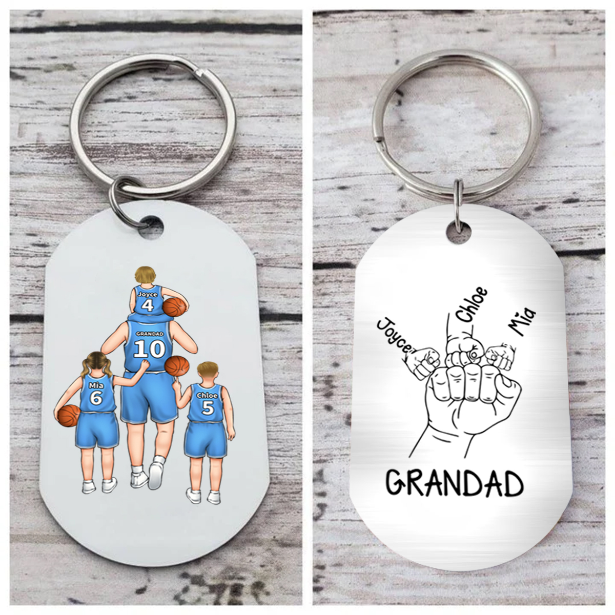 2-5 Names-Personalised Dad's Basketball Team Fist Keyring Custom Names Gift For Dad/Grandad
