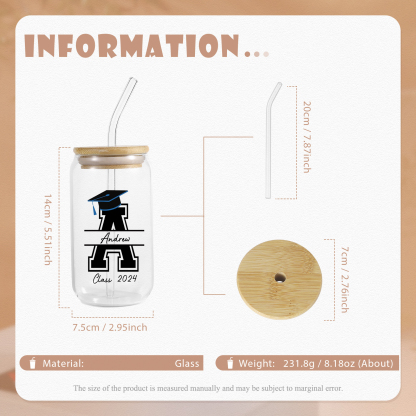 2024 Graduation Gift - Personalised Custom Letter ,Name and Text Glass with Glass Straw