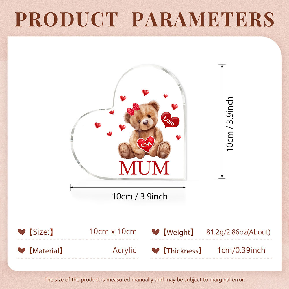 1 Name-Personalised Mum Acrylic Heart Keepsake Custom Text Love Teddy Bear Ornaments Gifts Set With Gift Box for Grandma/Mother