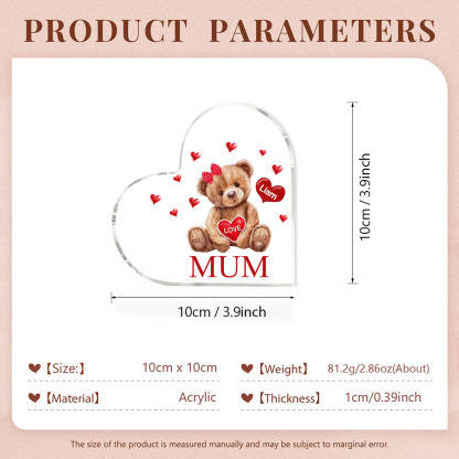 1 Name-Personalised Mum Acrylic Heart Keepsake Custom Text Love Teddy Bear Ornaments Gifts Set With Gift Box for Grandma/Mother