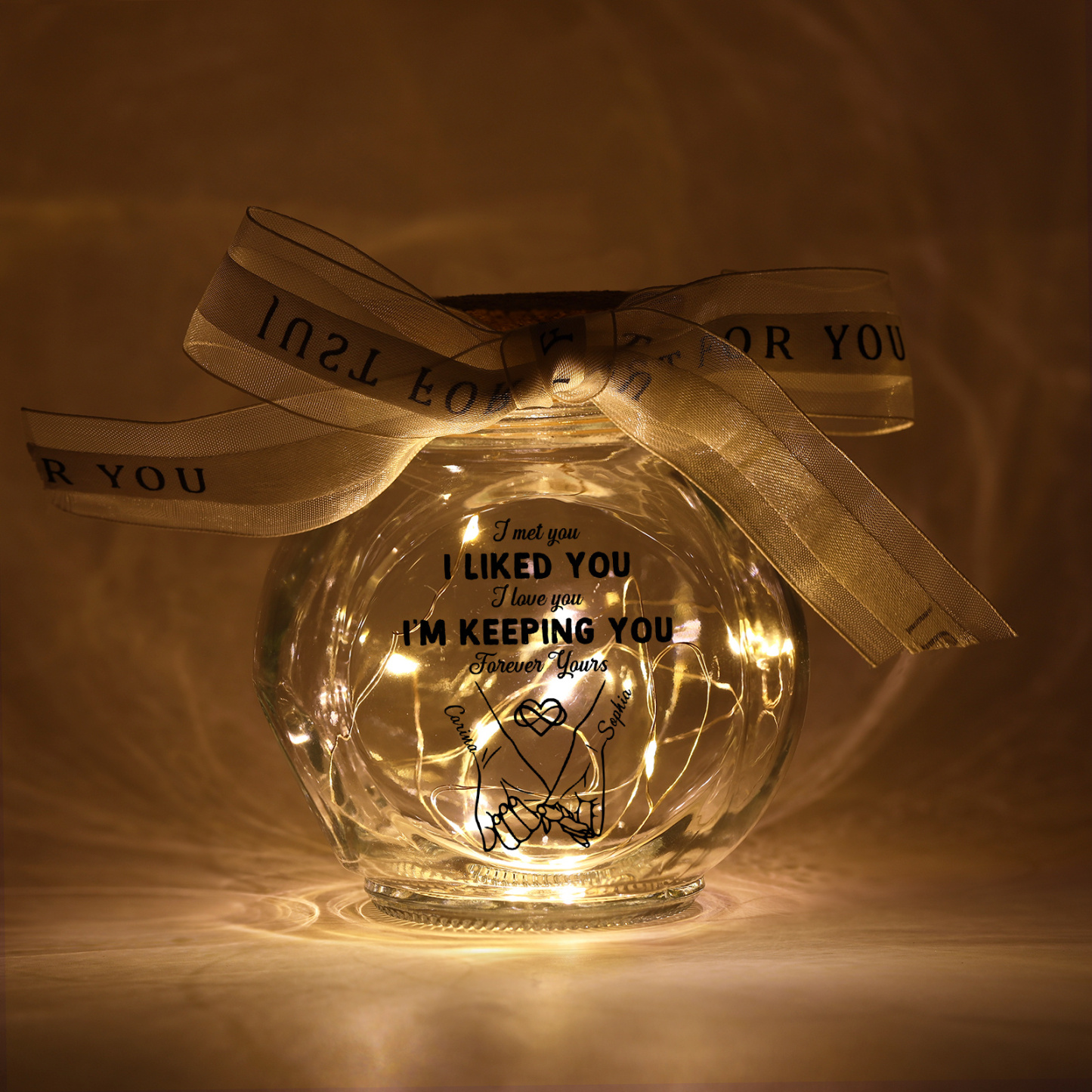 Custom Romantic Glass LED Message Jar with Ribbon Bow