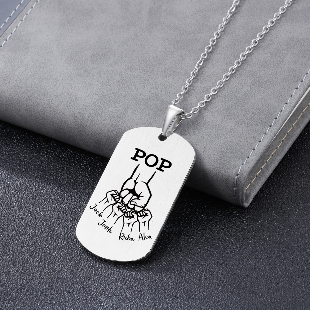 5 Names-Personalised Dad Photo Fist Stainless Steel Necklace-Custom Names and Photo Necklace for Father/Grandad