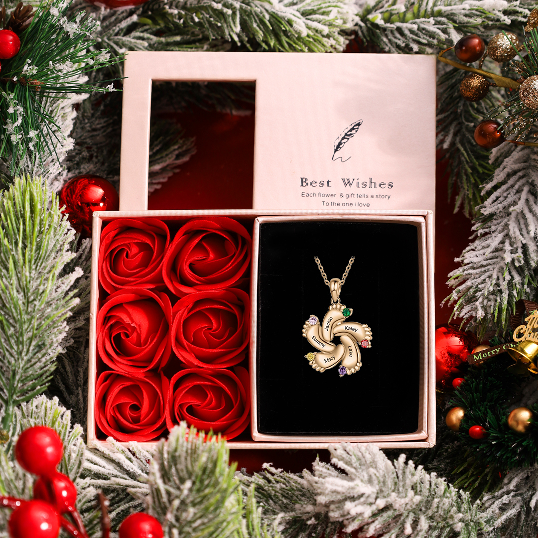 5 Names-Personalised Baby Foot Necklace Gift Set With Rose Box-Custom Women Necklace With 5 Birthstones Engraved Names Gift For Mother/Her