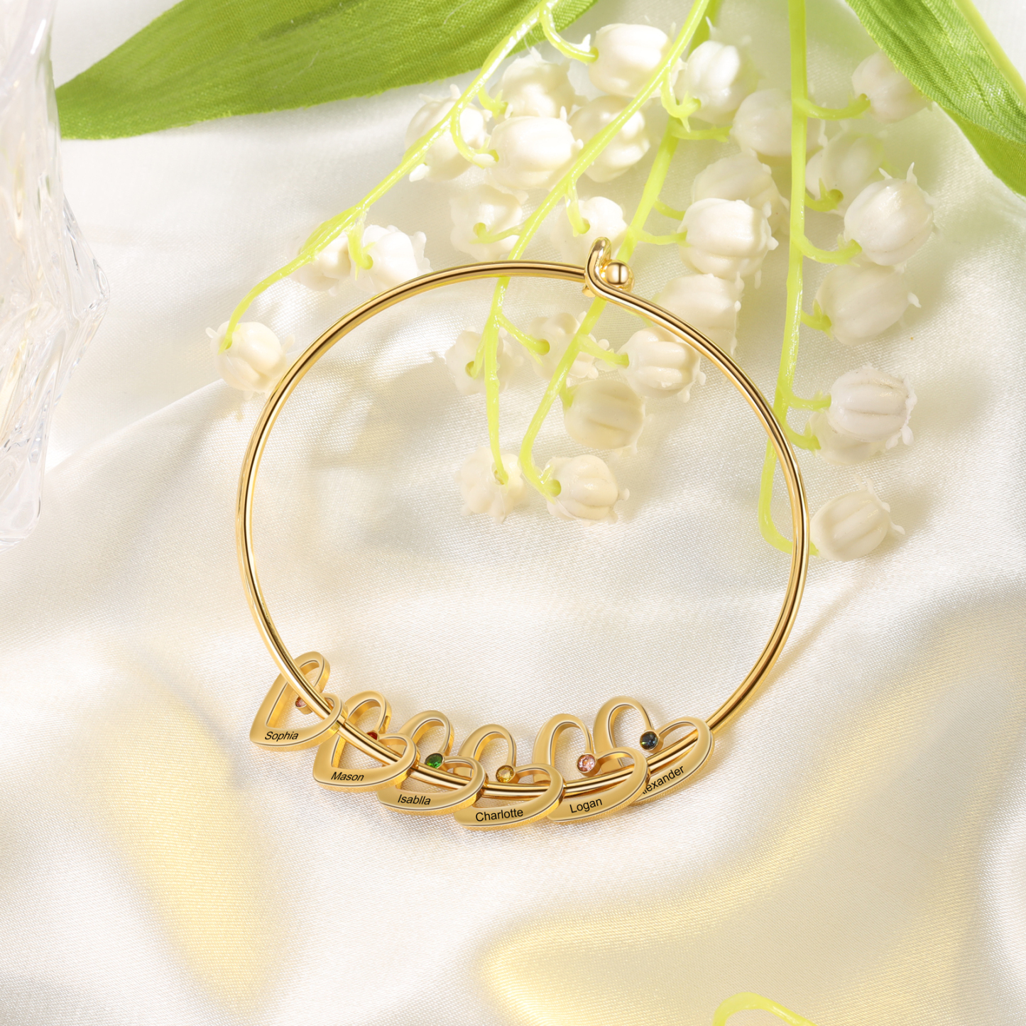 Personalised Heart Bangle With 6 Names and Birthstones Bangle Bracelet Mother's Day Gifts For women