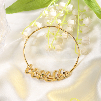Personalised Heart Bangle With 6 Names and Birthstones Bangle Bracelet Mother's Day Gifts For women