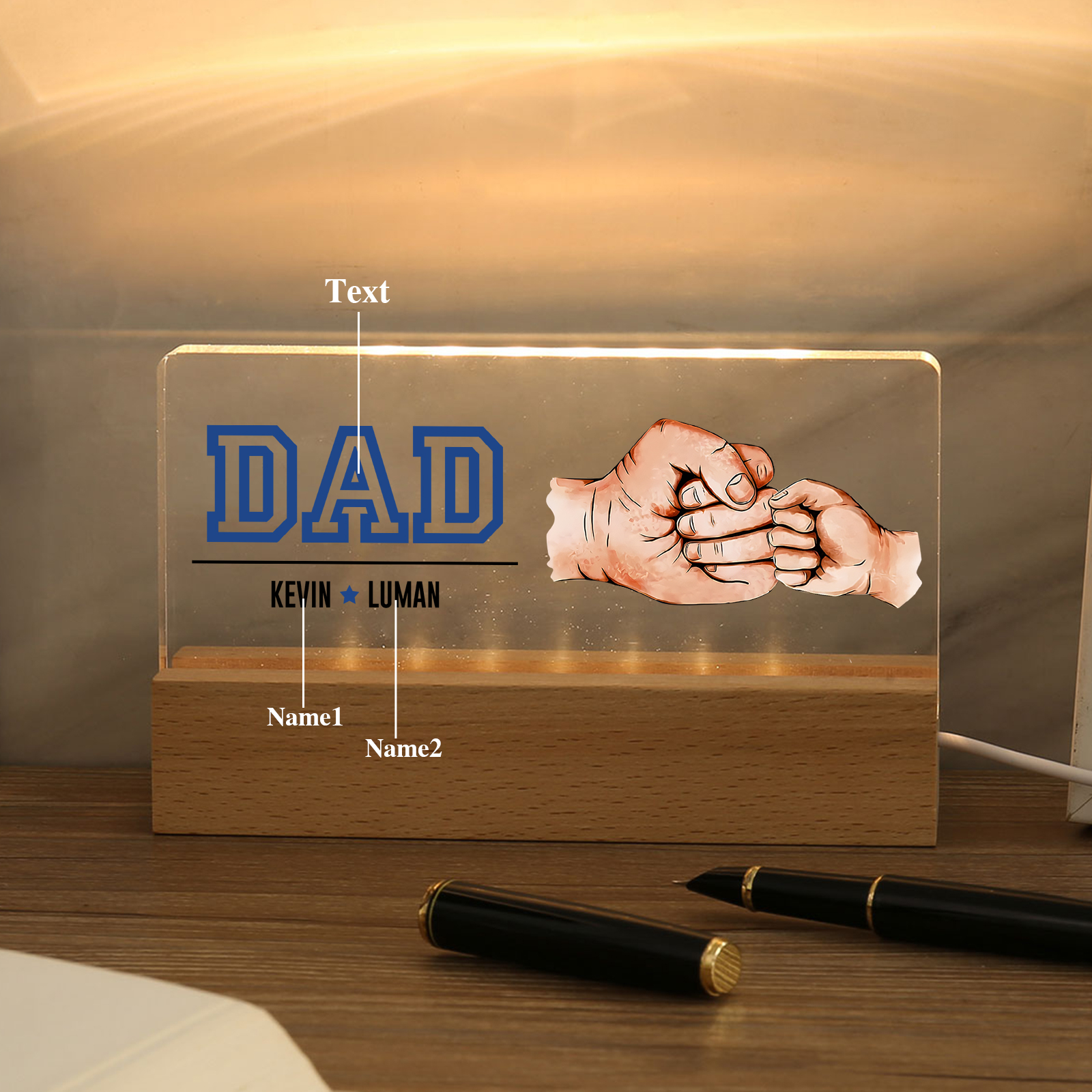 2 Names - Personalised Fist Bump Table Lamp - Dad's Dream Team - Father's Day Gift for Dad