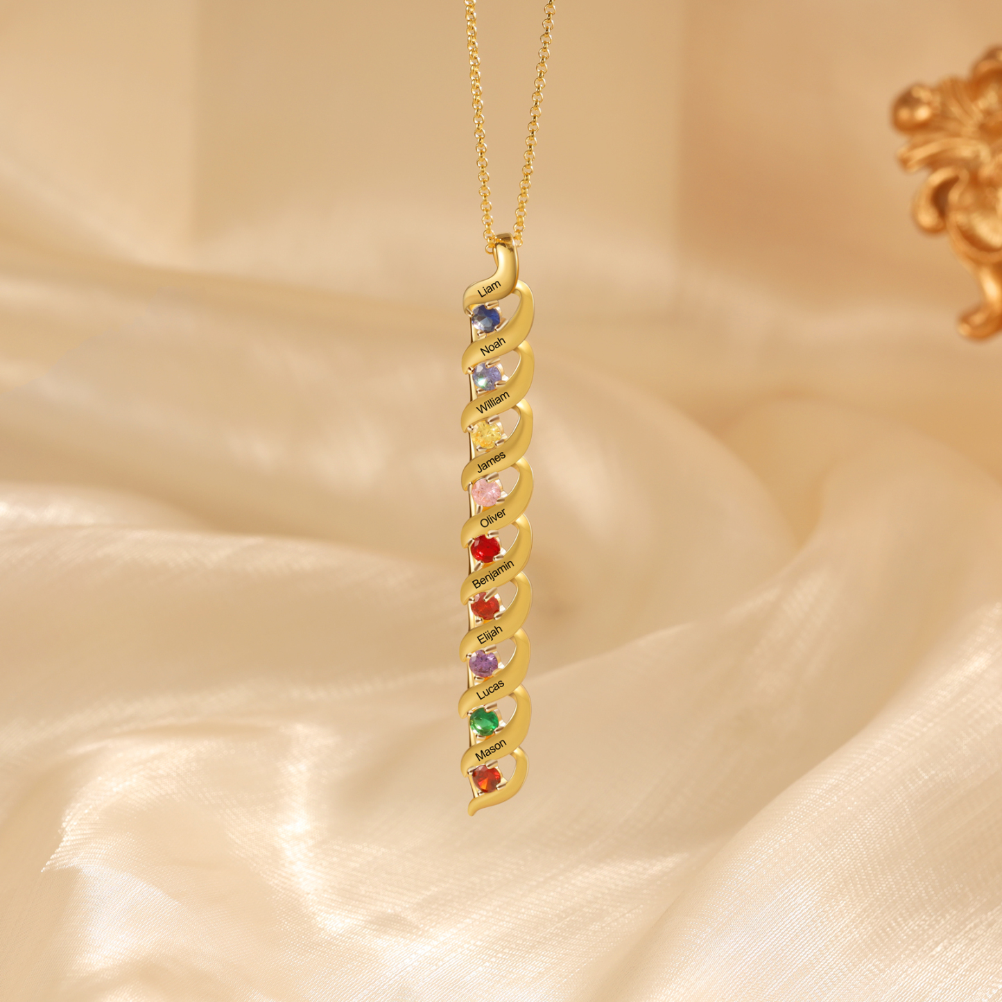 9 Names-Personalised Birthstones Necklace Set With Rose Gift Box-Custom Cascading Pendant Necklace Engraving 9 Names Gifts for Her