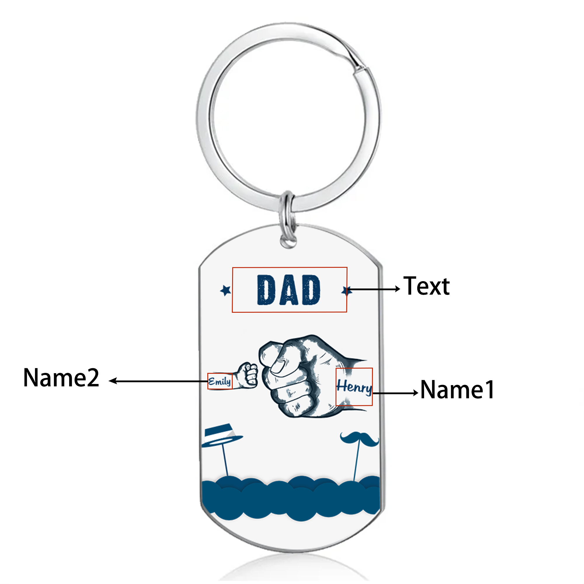2 Names - Personalised Custom Fist Bump Keyring Hat and Beard Style Keyring Gift for Dad