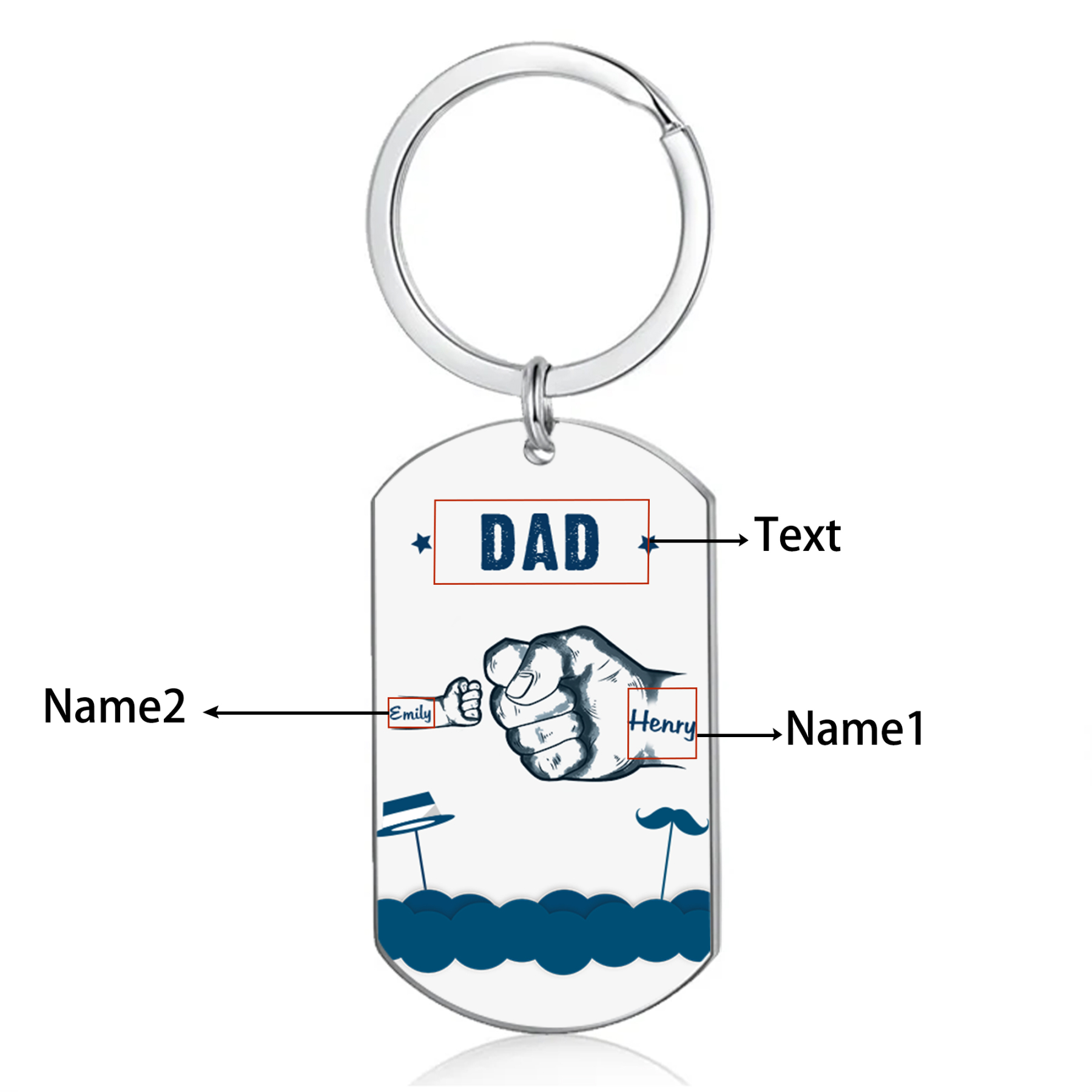 2 Names - Personalised Custom Fist Bump Keyring Hat and Beard Style Keyring Gift for Dad