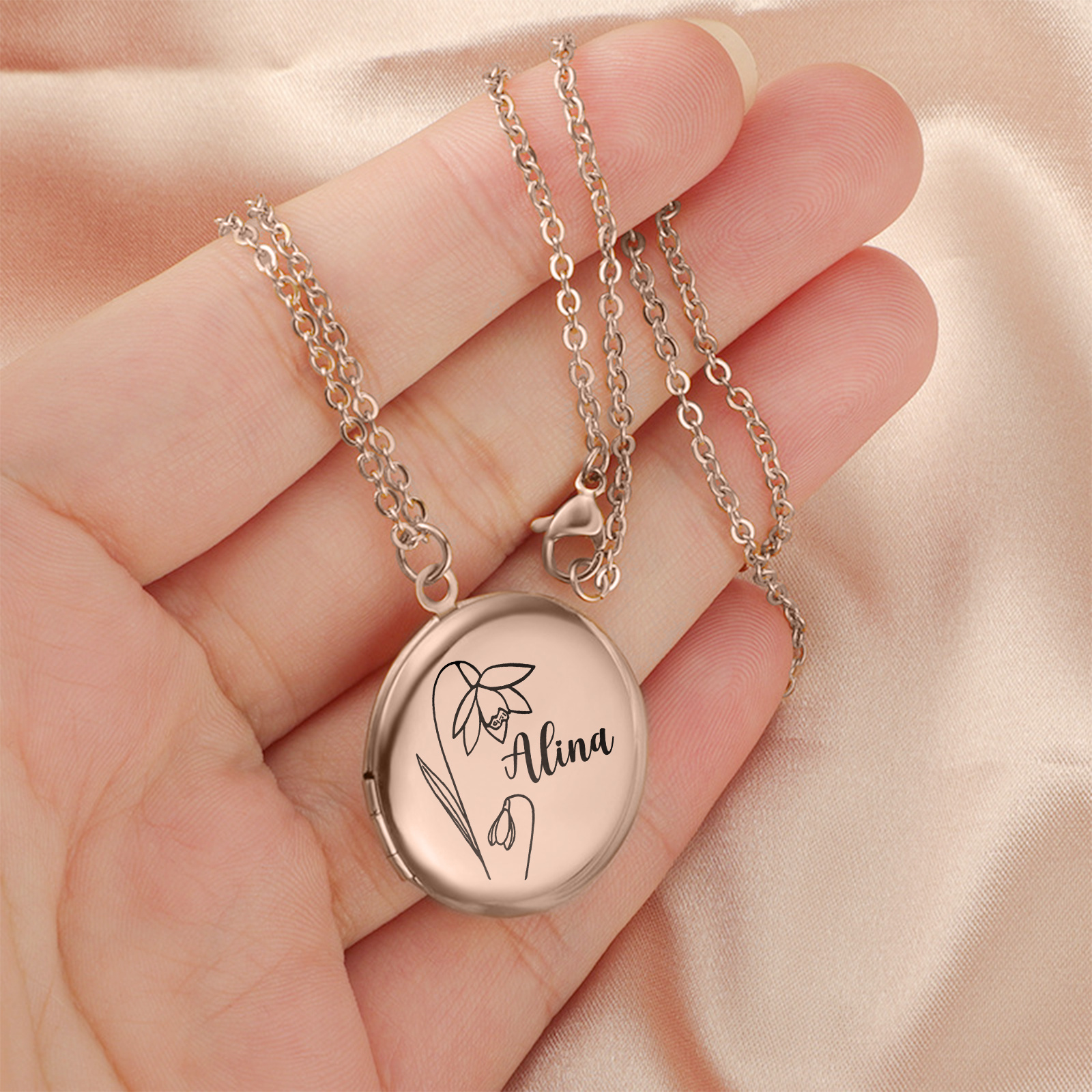 Personalised Birth Flower Locket Necklace Custom Photos Name Gift for Her | Jessemade