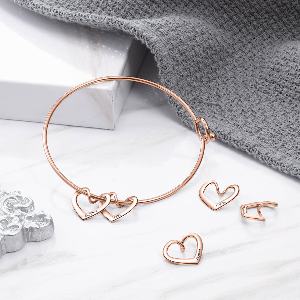 5 Names-Personalised Love Bracelet with 5 Heart Charms Engraved Name Bangle Bracelet