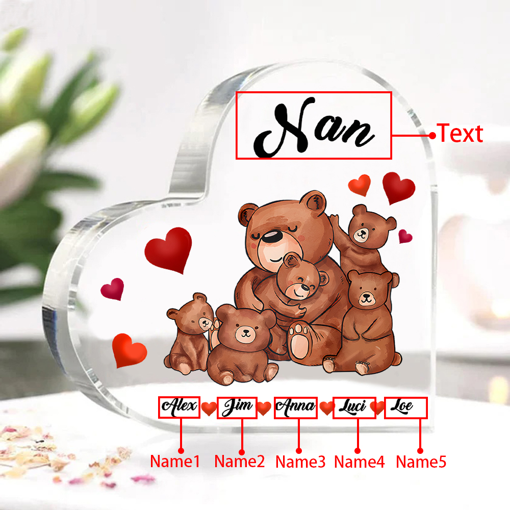 Personalised Heart-Shaped Acrylic Plaque Customizable with 5 Names and Text with Bear Design -  For Nan | Jessmade