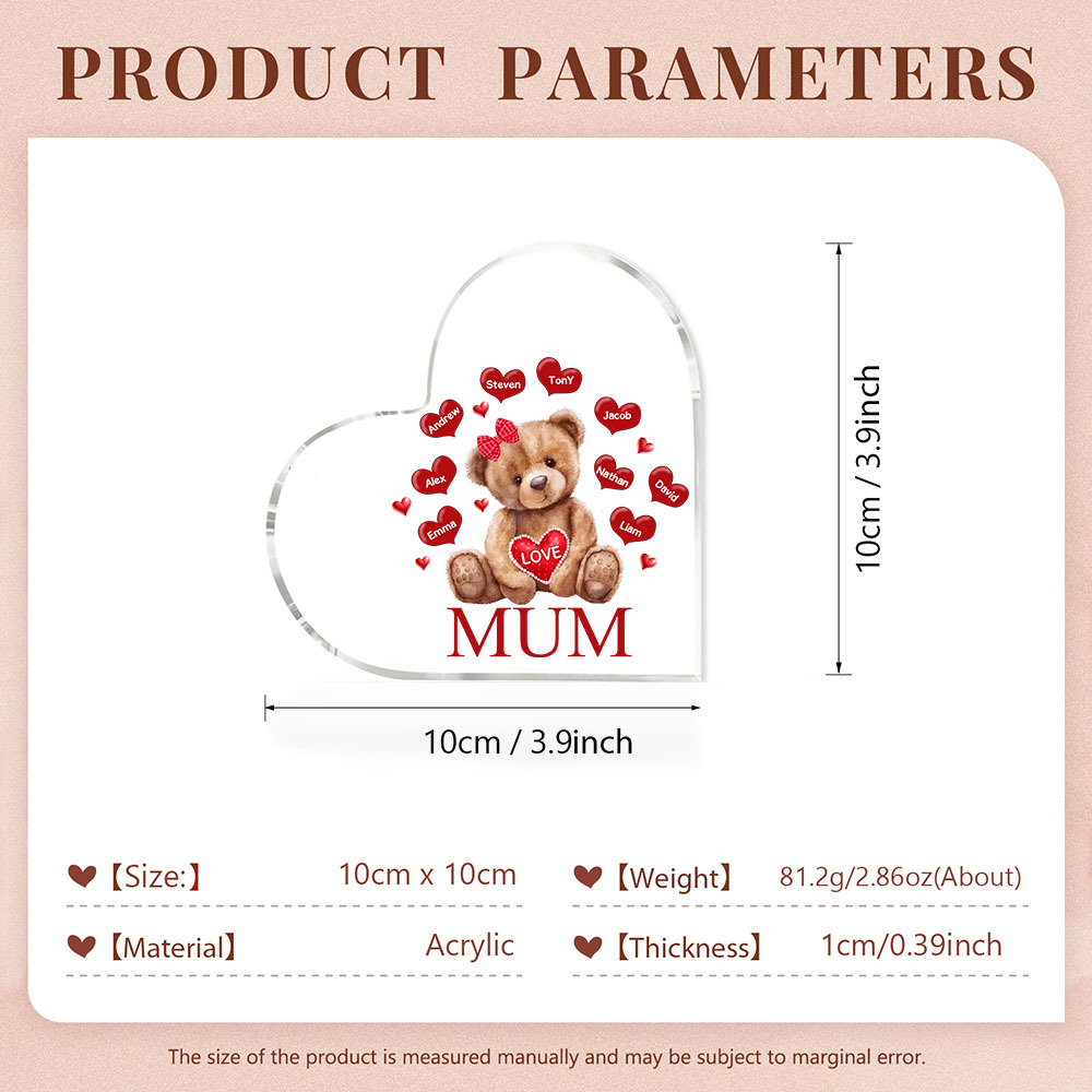 9 Names-Personalised Mum Acrylic Heart Keepsake Custom Text Love Teddy Bear Ornaments Gifts Set With Gift Box for Grandma/Mother