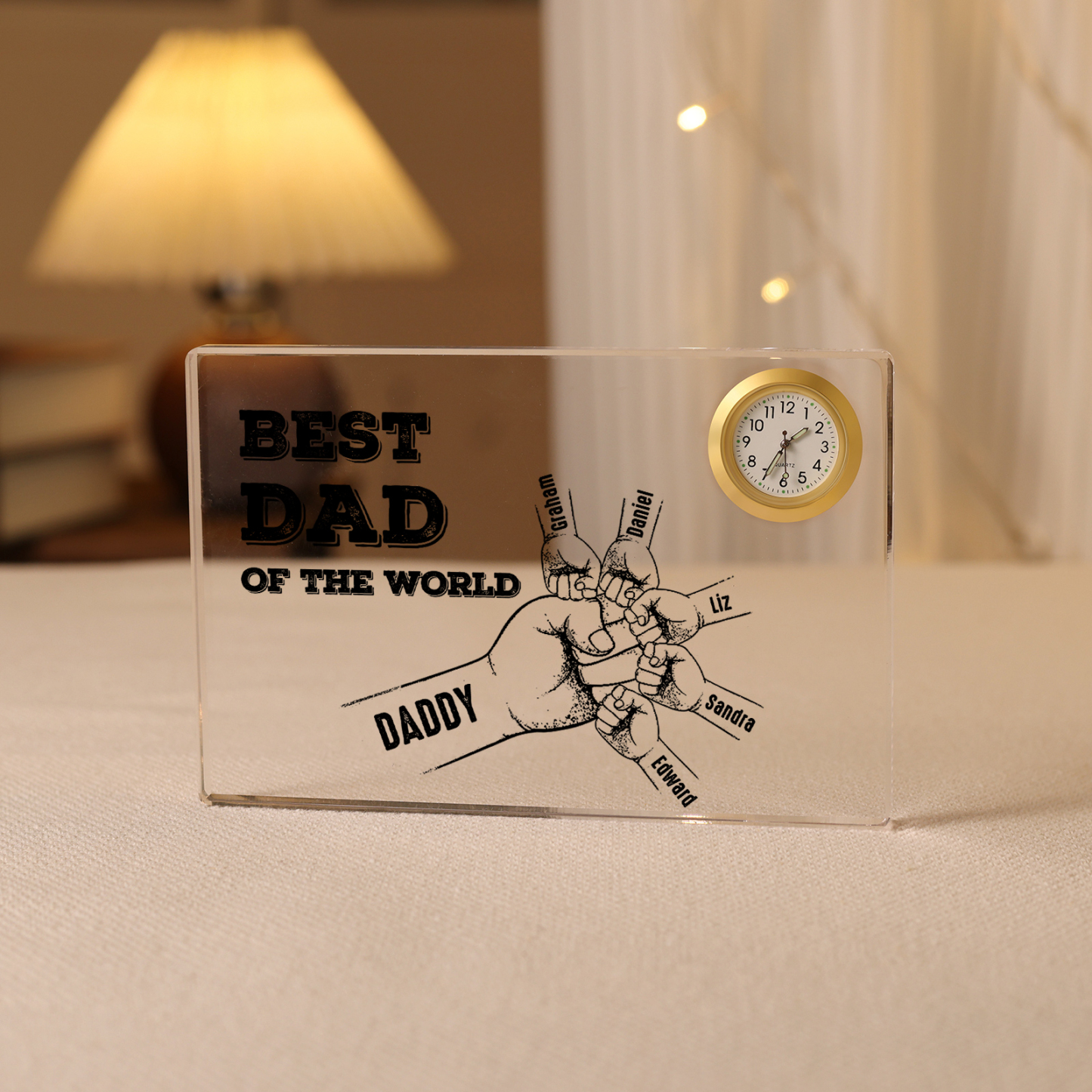 6 Names - Personalised Fist Bump Acrylic Rectangular Clock Ornament Father's Day Gift for Dad