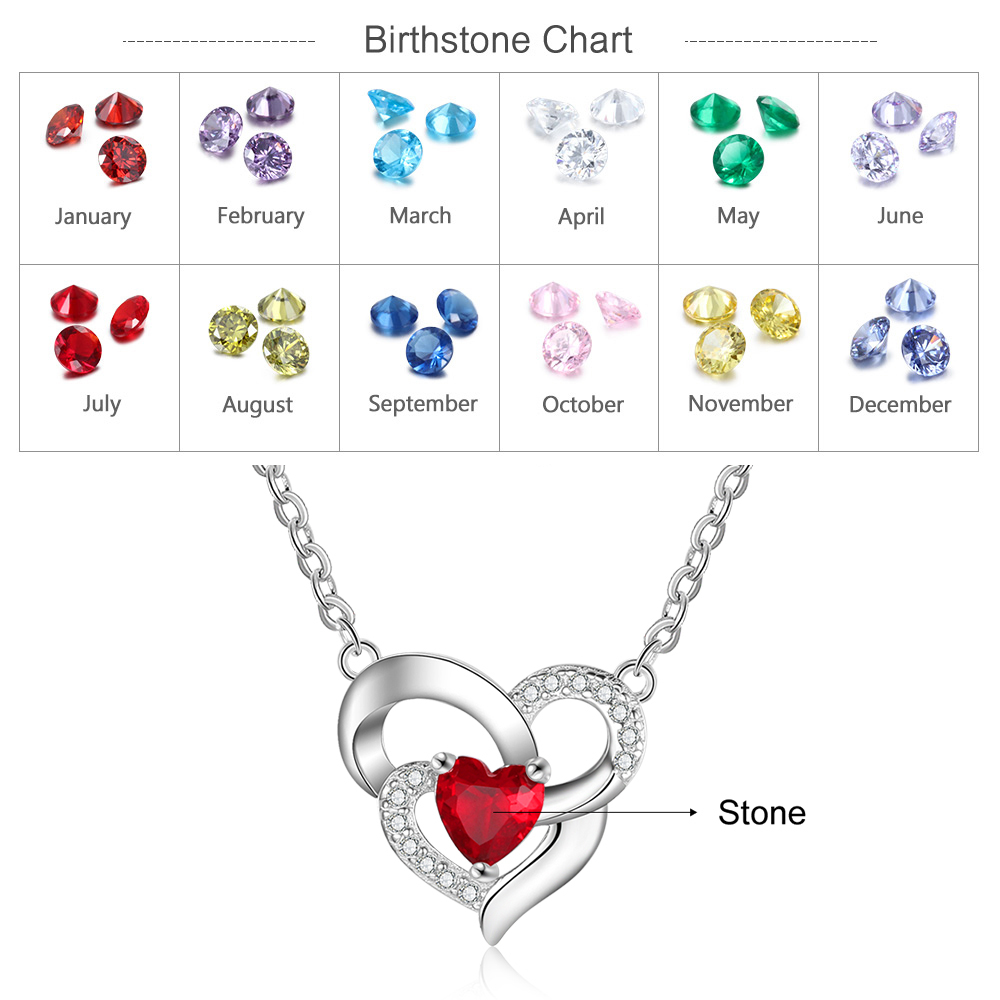 Personalised S925 Silver Women Heart Necklace With 1 Birthstone Engraved Names Gift For Women
