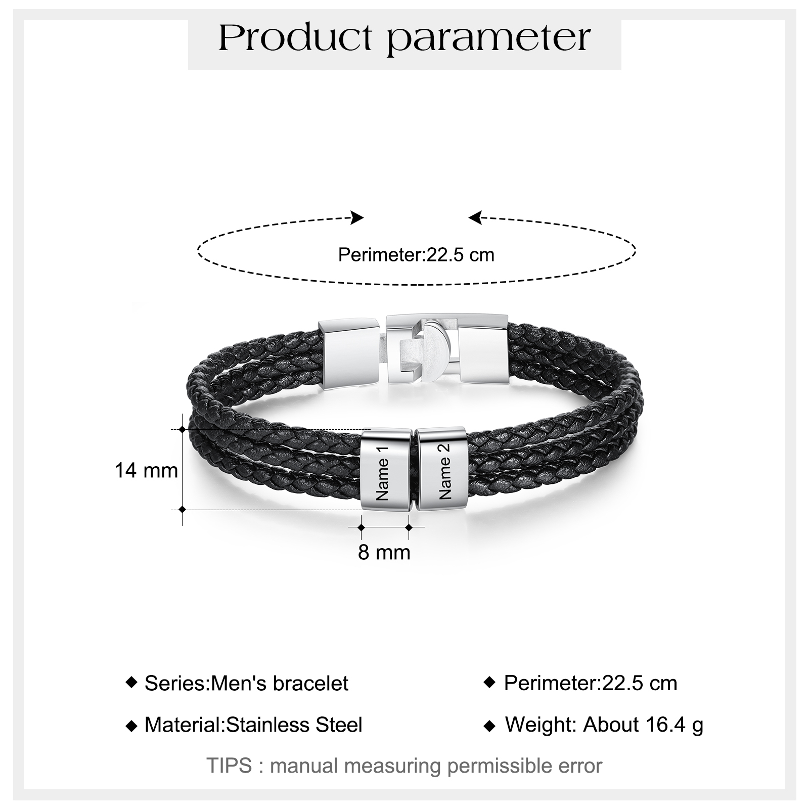 Personalised Braided Leather Bracelet Engraved 2 Names Men's Bracelet Gifts For Him