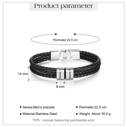 Personalised Braided Leather Bracelet Engraved 2 Names Men's Bracelet Gifts For Him