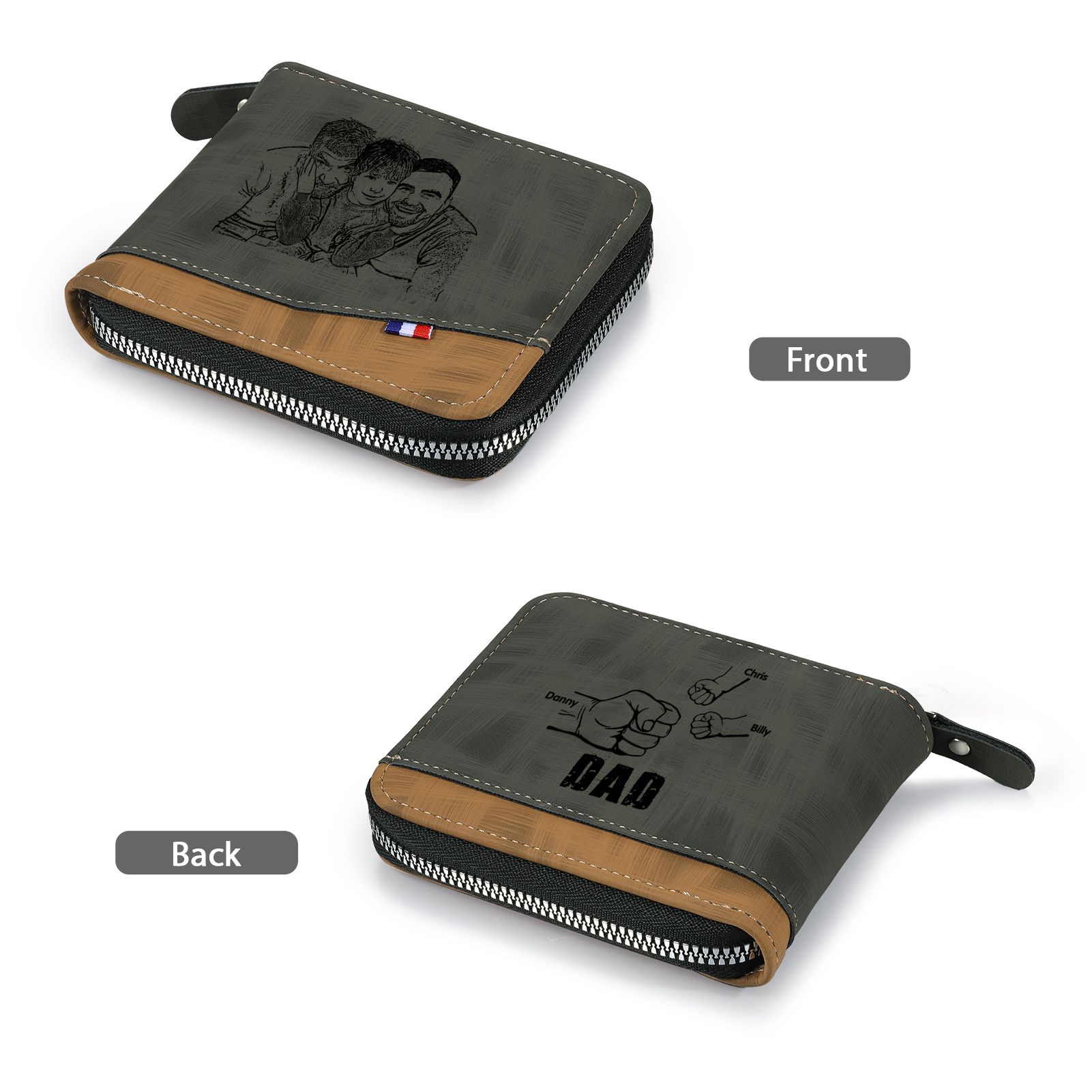 3 Names - Personalised Photo Custom Leather Men's Zipper Wallet as a Father's Day Gift for Dad