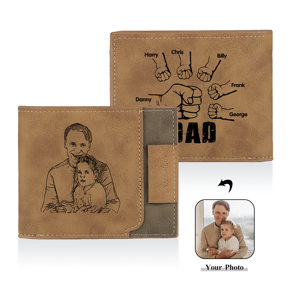 6 Names - Personalised Fist Bump Photo Custom Leather Men's  Wallet as a Father's Day Gift for Dad