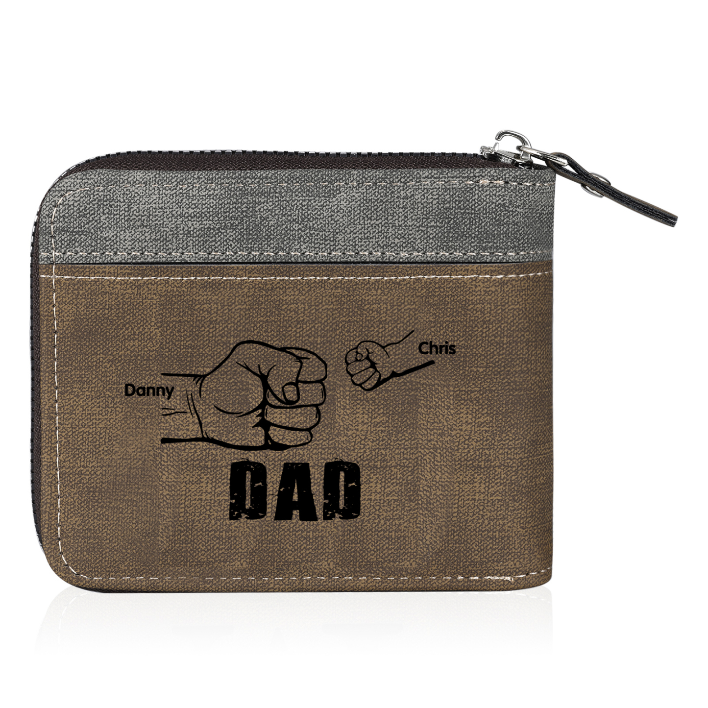 2 Names - Personalised Fist Bump Photo Custom Leather Men's Zipper Wallet as a Father's Day Gift for Dad