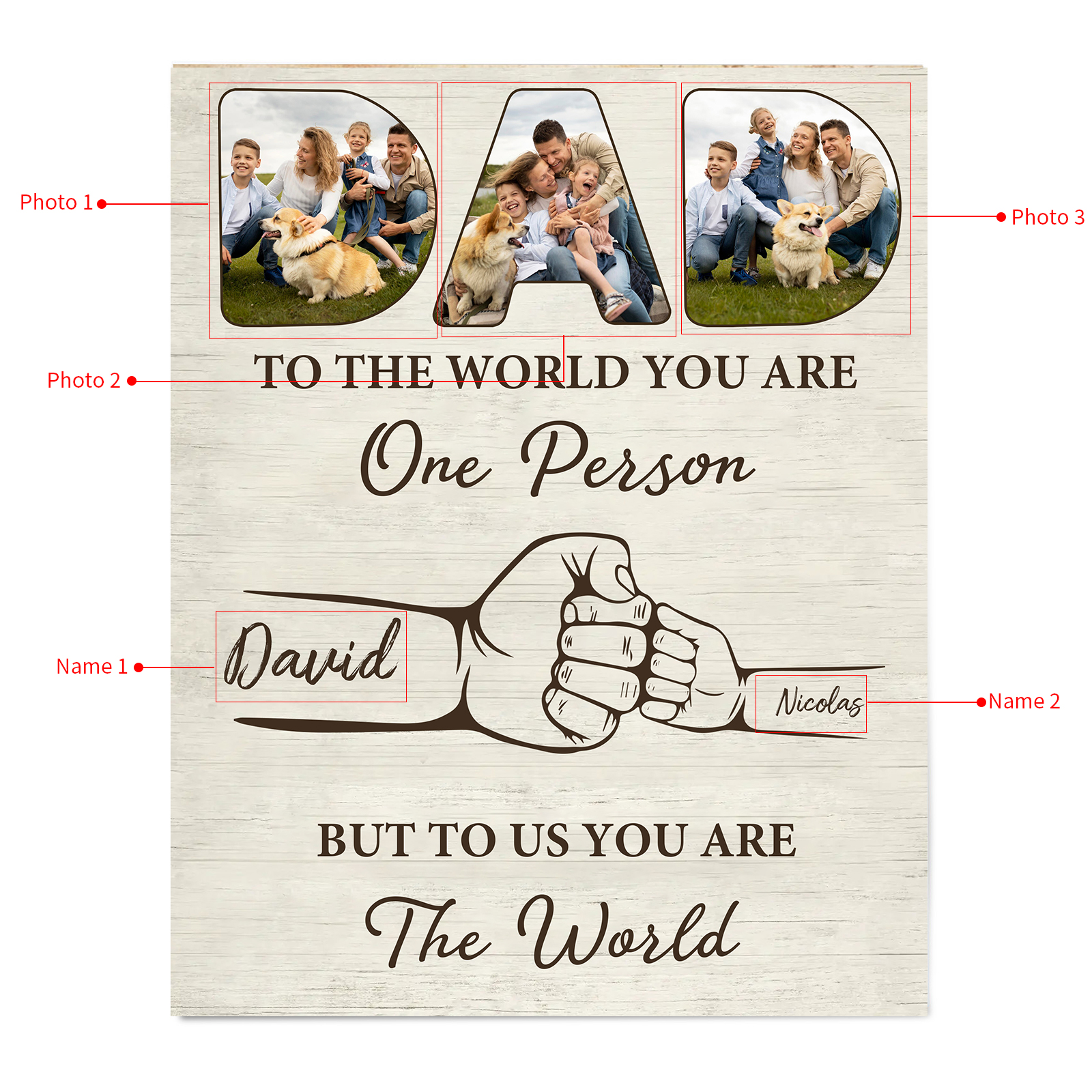 2 Names - Personalised Photos Fist Bump Home Wood Panel Painting Decorations Father's Day Gift for Dad