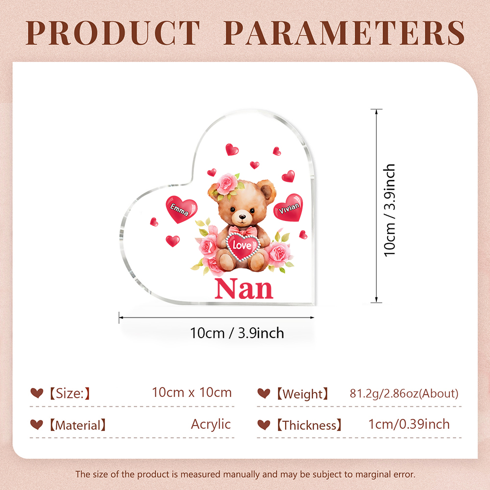2 Names-Personalized Bear Acrylic Heart Keepsake Custom Text Acrylic Plaque Ornaments Gifts for Nan