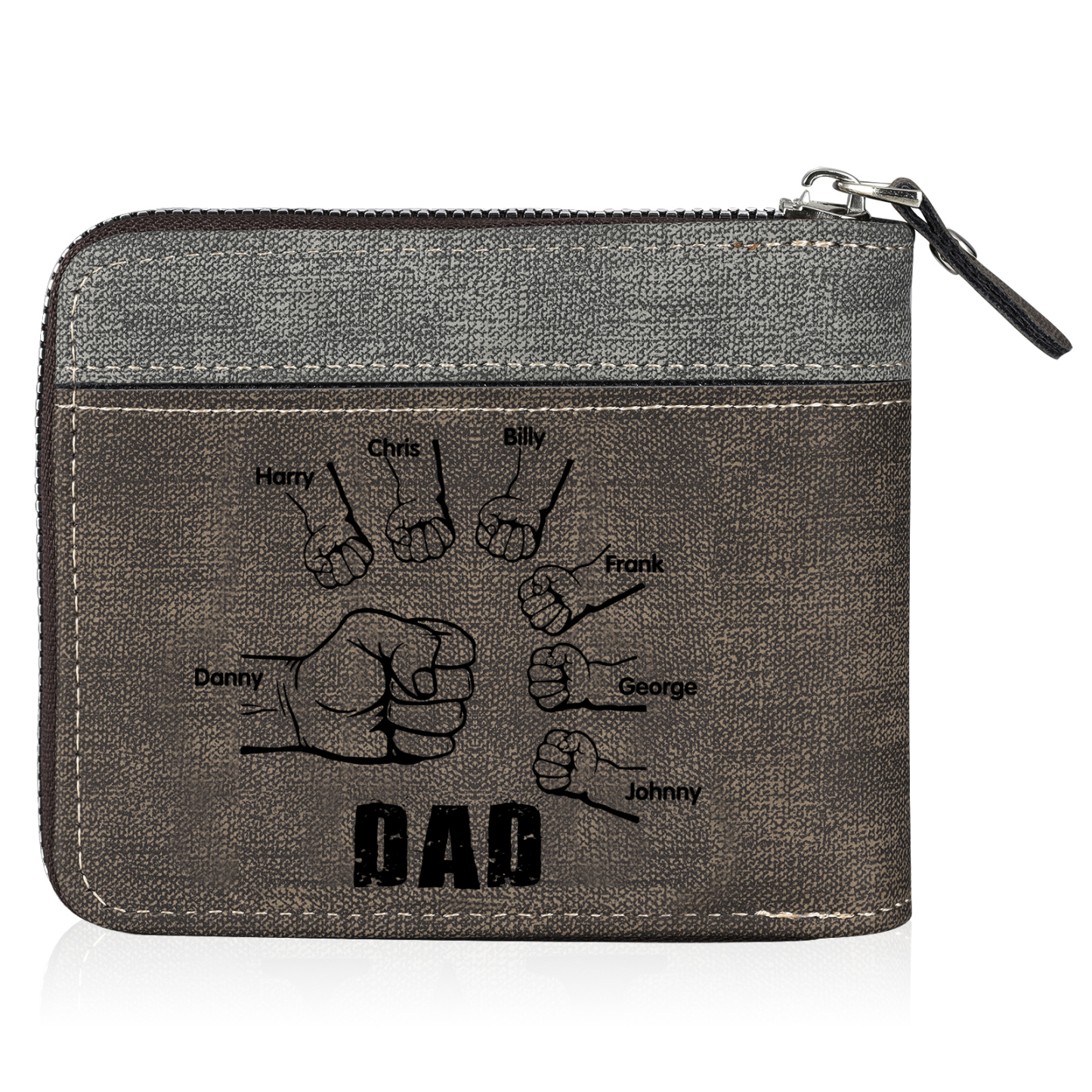 7 Names - Personalised Fist Bump Photo Custom Leather Men's Zipper Wallet as a Father's Day Gift for Dad