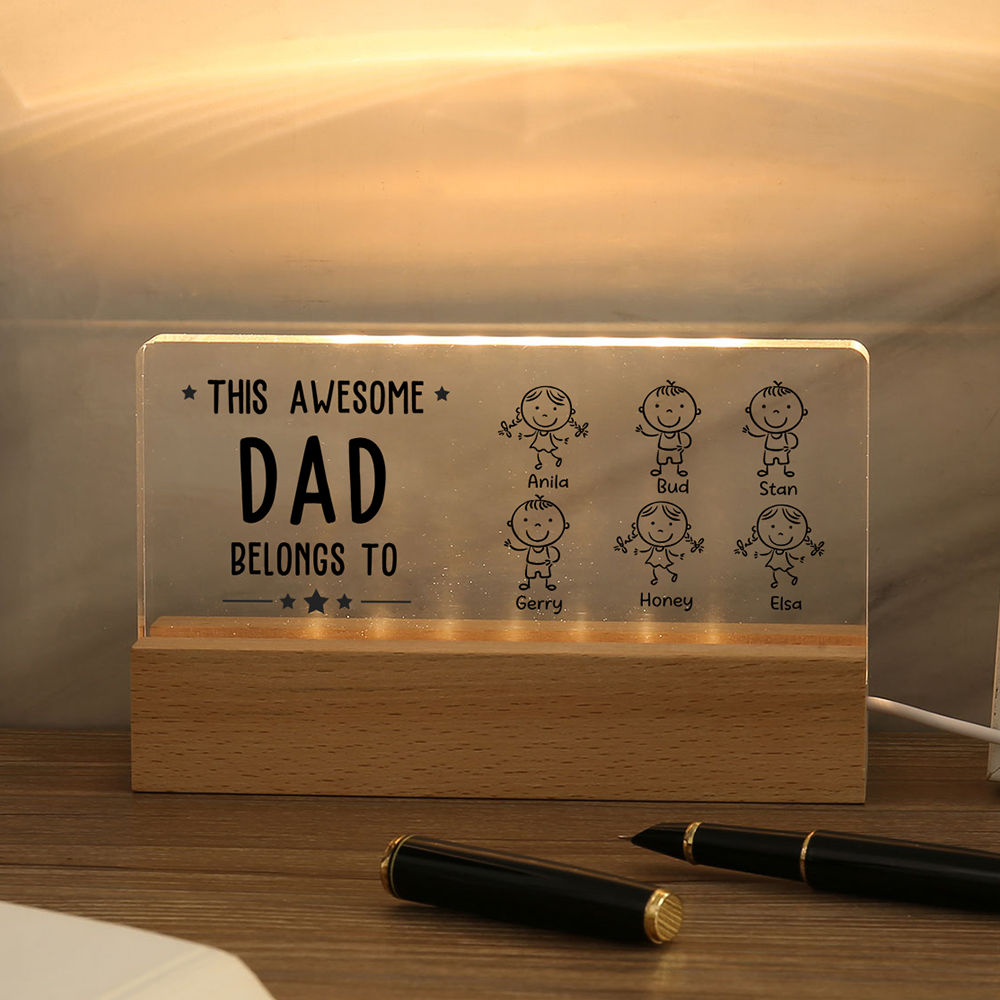 6 Names & Doll Gender - Personalised Lamp -This Awesome Dad  Belongs To - Father's Day Gift for Dad