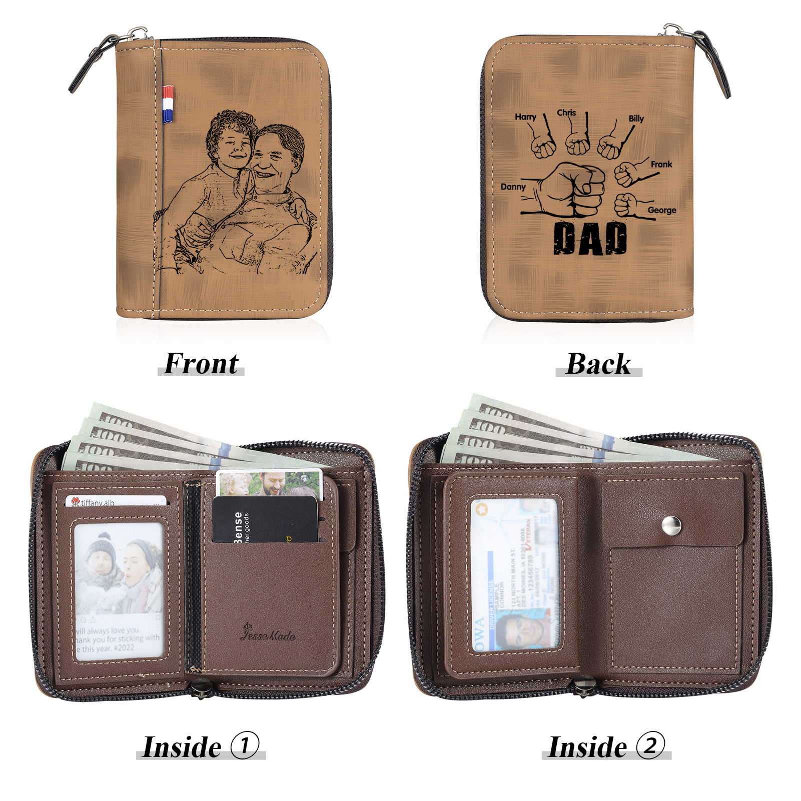 6 Names - Personalised Fist Bump Fist Bump Photo Custom Leather Men's Zipper Wallet as a Father's Day Gift for Dad