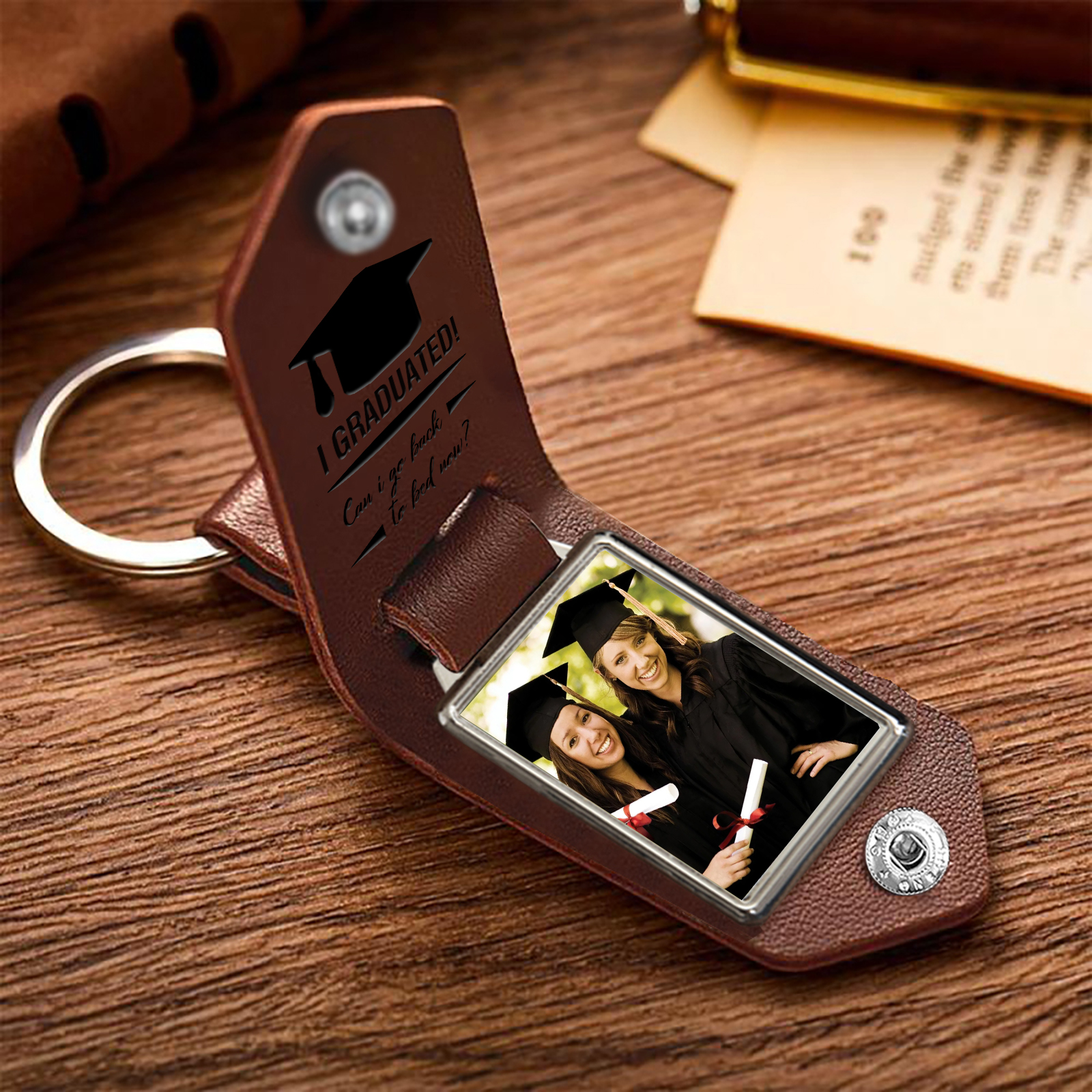 2024 Graduation Gifts - Personalised Name Flip Leather Keyring Customized Photo Keyring Gift for Her/Him