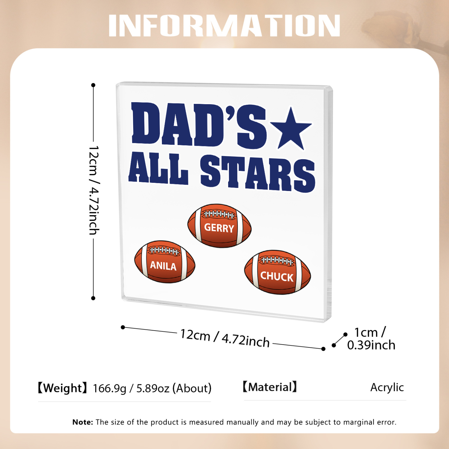 3 Names - Personalised Football Acrylic Keepsake Customized Name Acrylic Plaque Decoration Father's Day Gift for Dad