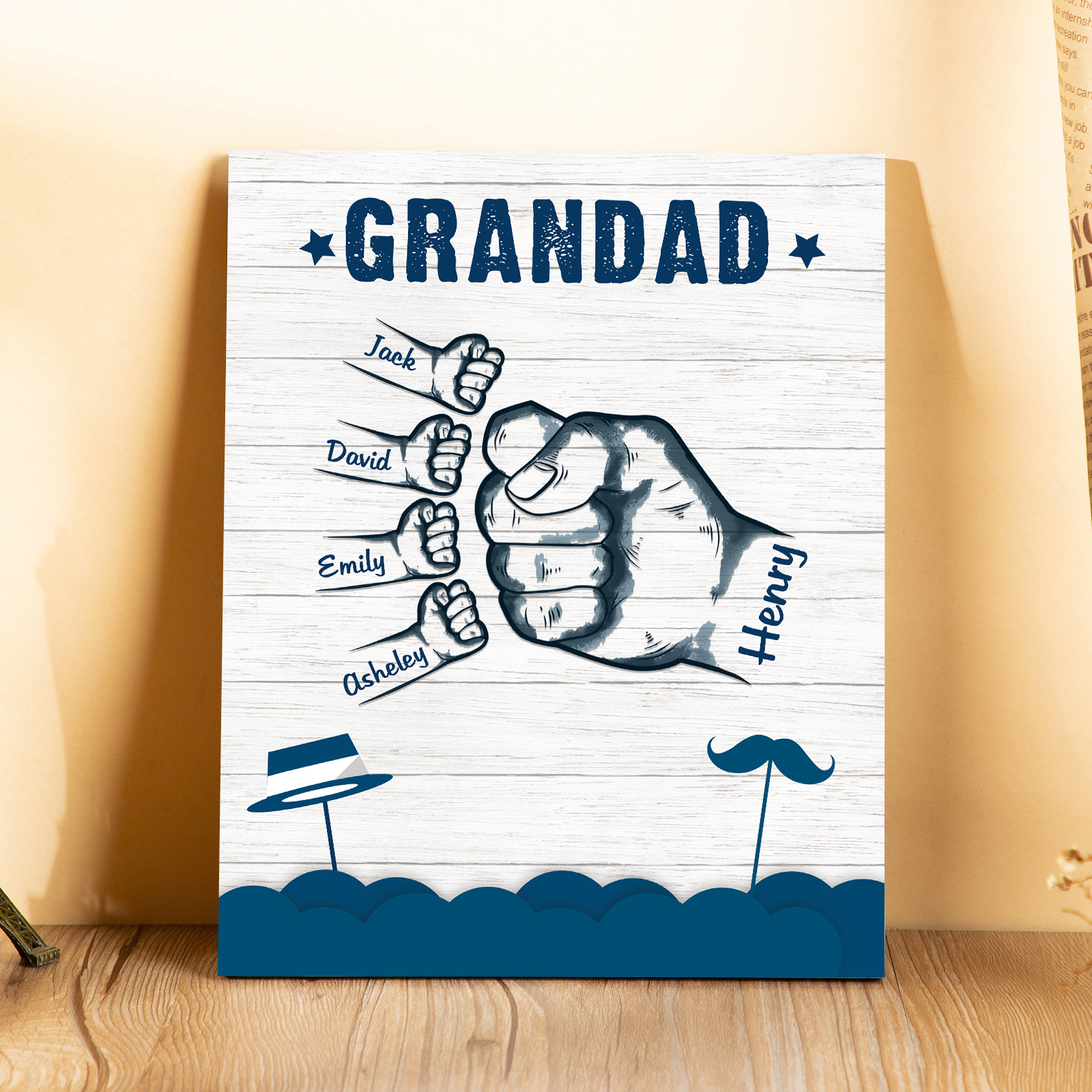 5 Names - Personalised Wooden Ornament Fist Bump Style Engraved Name and Text Ornament for Dad