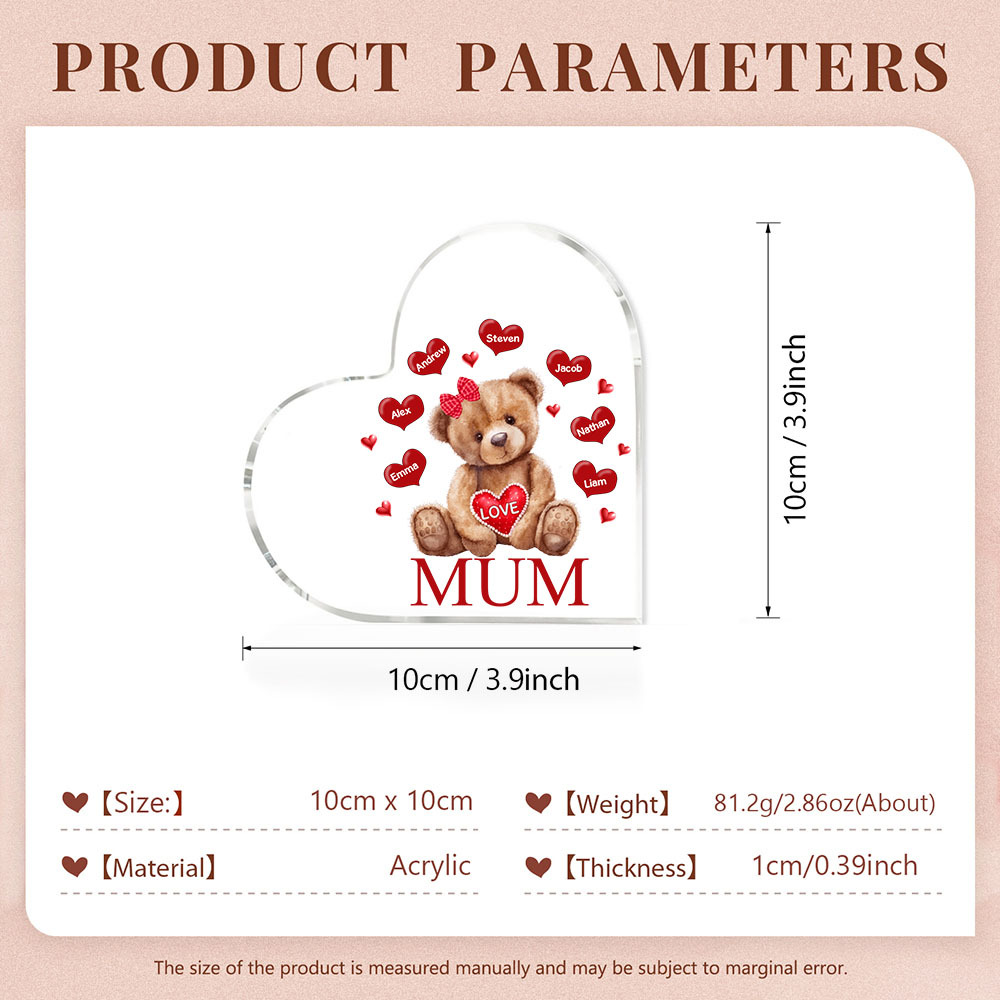 7 Names-Personalised Mum Acrylic Heart Keepsake Custom Text Love Teddy Bear Ornaments Gifts Set With Gift Box for Grandma/Mother