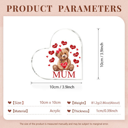 7 Names-Personalised Mum Acrylic Heart Keepsake Custom Text Love Teddy Bear Ornaments Gifts Set With Gift Box for Grandma/Mother