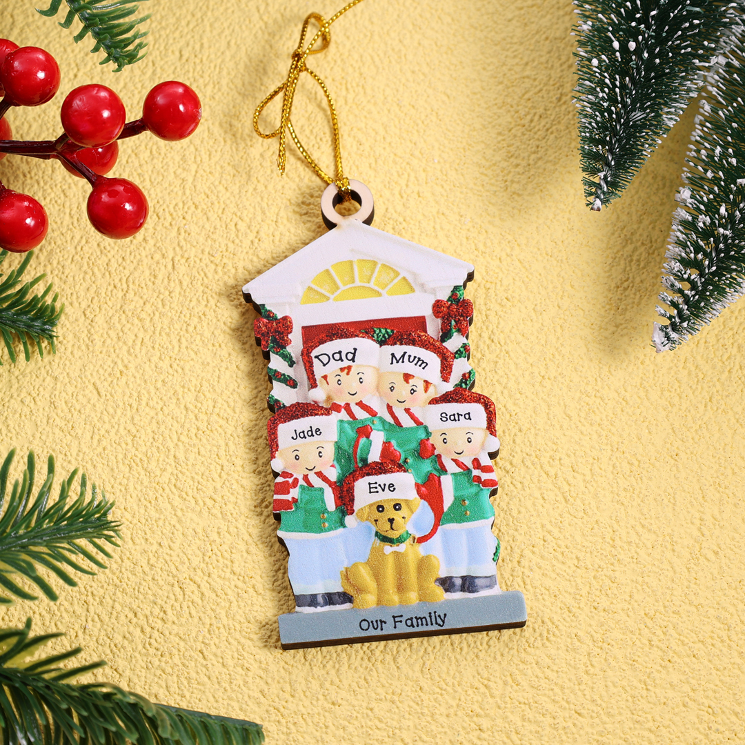 3 Names+Dog Name-Personalised Family Christmas Xmas Tree Decoration Hanging Wooden Ornament with Name-Family with Dog
