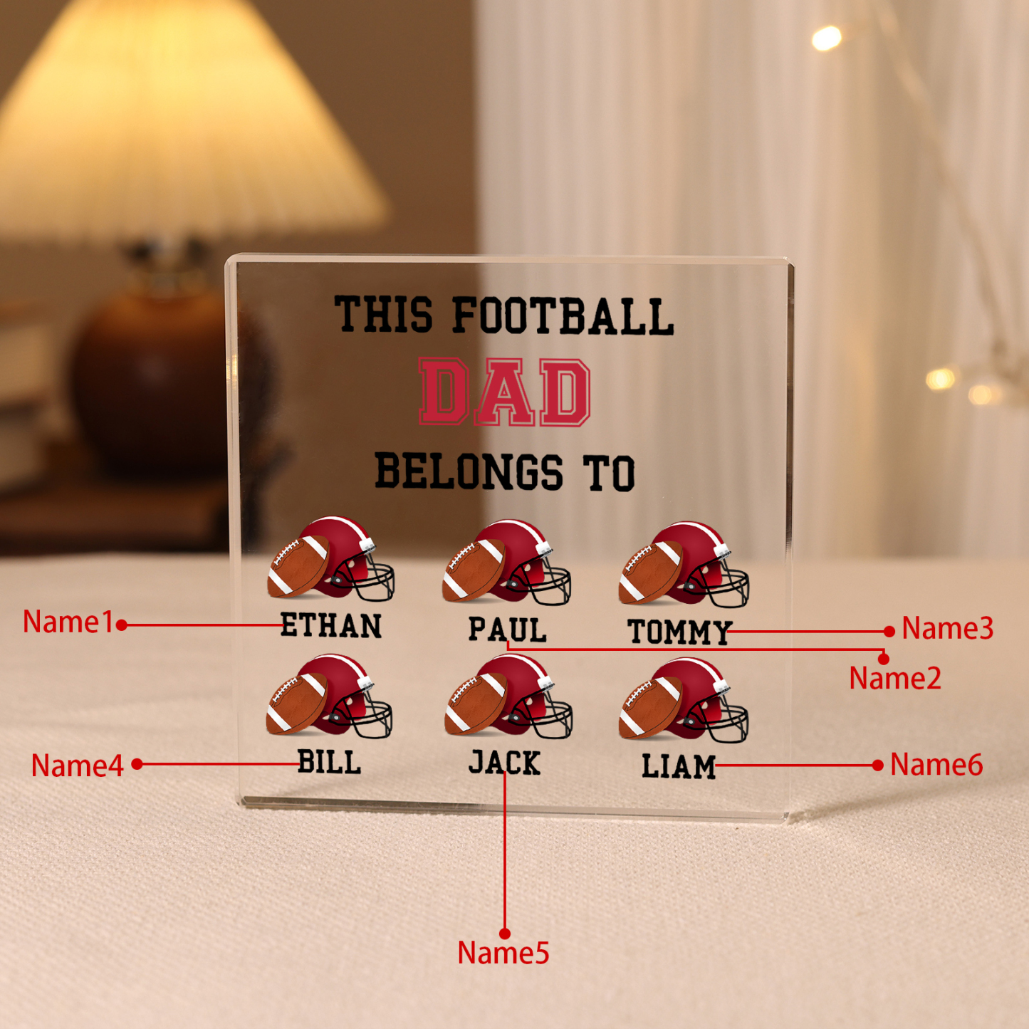6 Names -Personalised Football Acrylic Keepsake Customized Name Acrylic Plaque Ornament Father's Day Gift for Dad