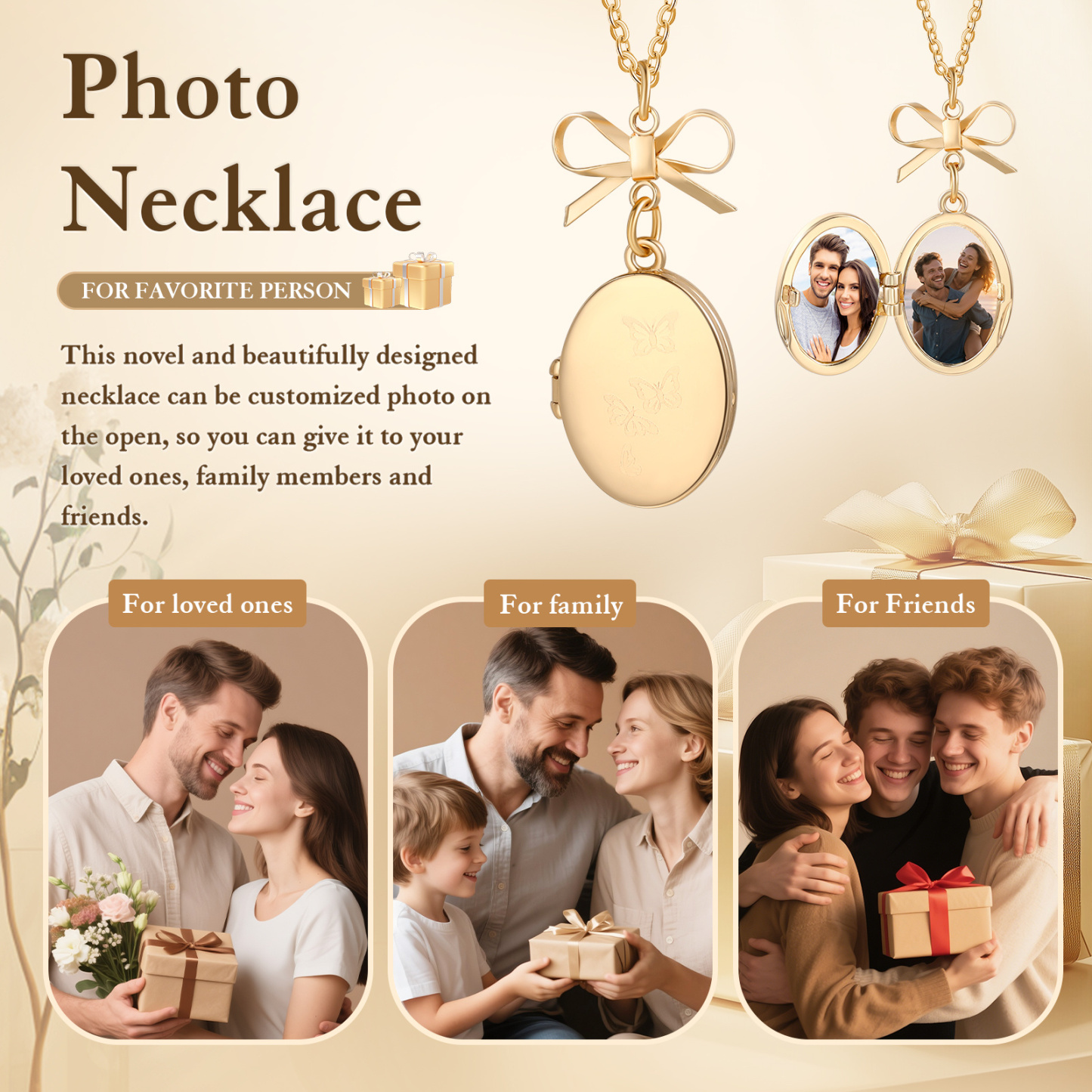 Personalised Gold Bow Oval Photo Locket Necklace